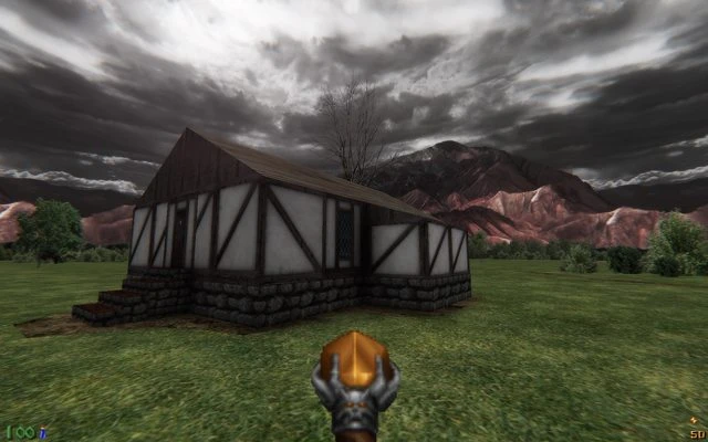 First-person view in Doom II mod showing a medieval-style house amid grassy field and cloudy sky