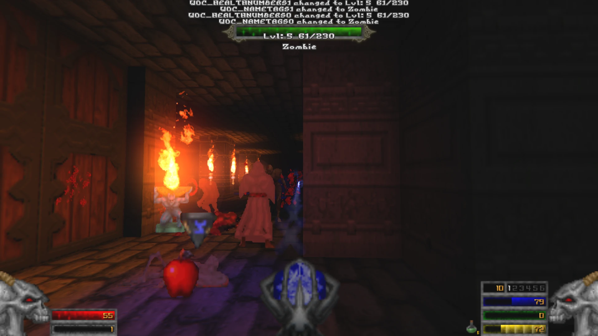 First-person view of player facing cloaked zombie in a torch-lit dungeon corridor in Doom II mod