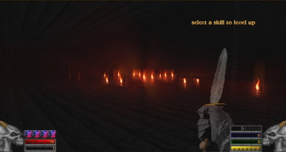 First-person view of player holding a knife in a dimly lit dungeon with fire torches and skill level-up prompt