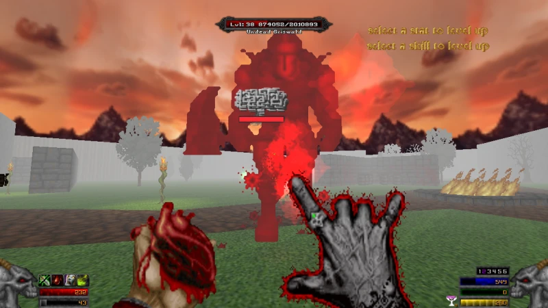 Player casting a fiery spell at large red boss Undead Geistwald in Doom II IronTusks Diablo3D mod