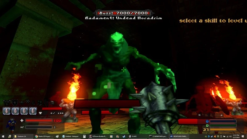 In-game screenshot showing the player facing Radament Undead Horadim boss with 7000 health in Doom II IronTusks Diablo3D mod