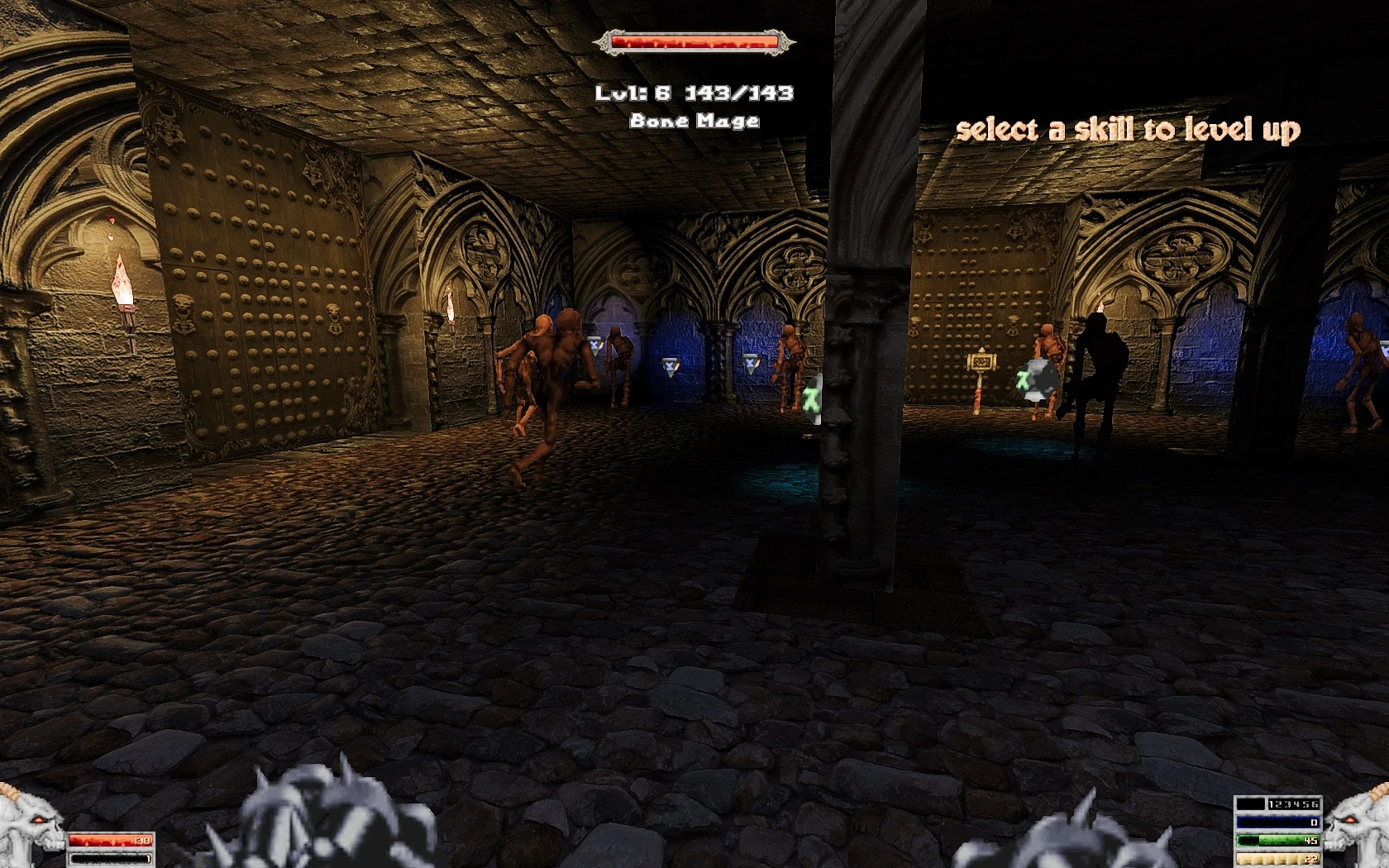 First-person view of a dark gothic dungeon filled with Bone Mage enemies and health bars in Doom II IronTusks mod