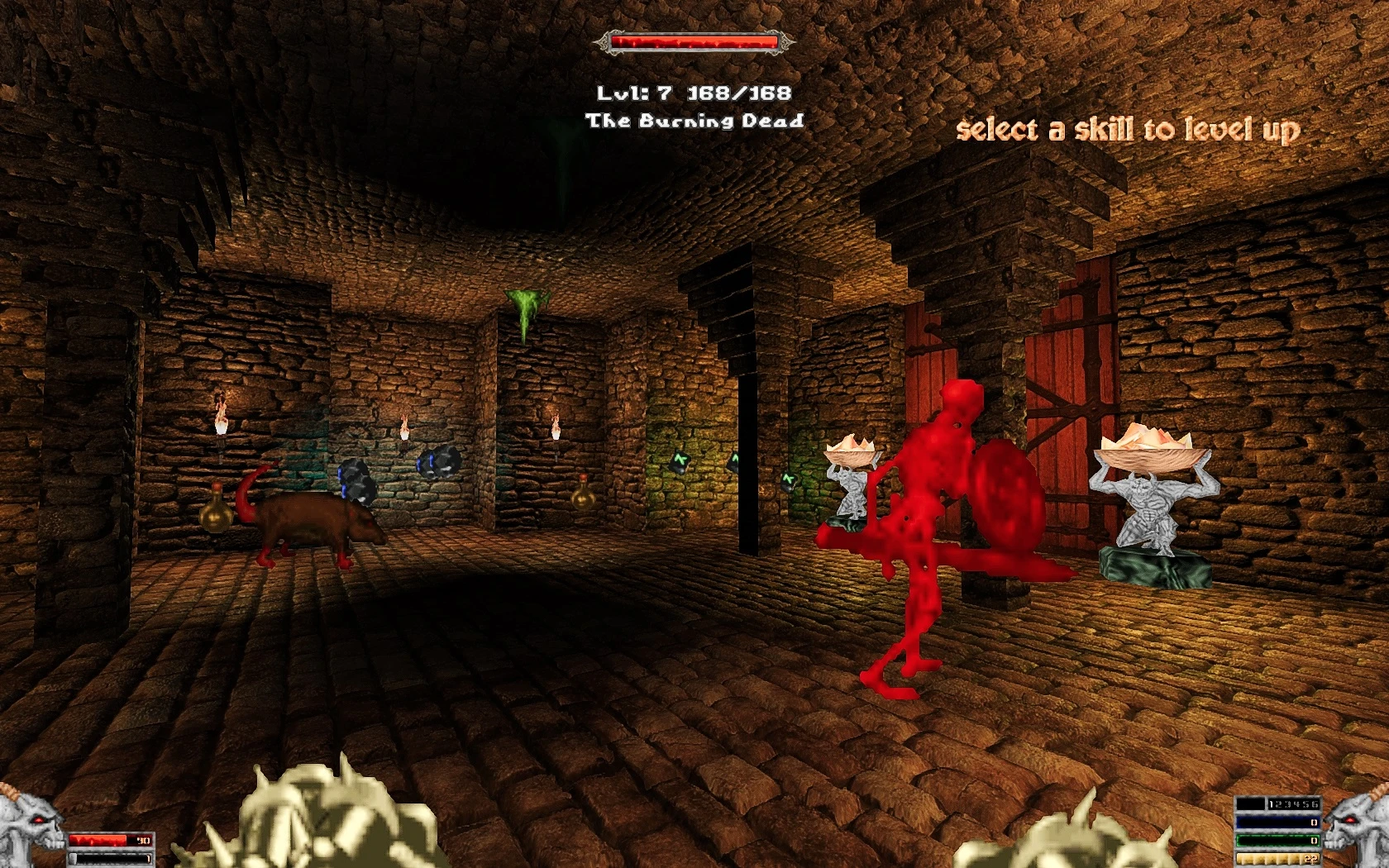 Doom II mod IronTusks dungeon scene with fiery red skeleton warrior and level up skill choice