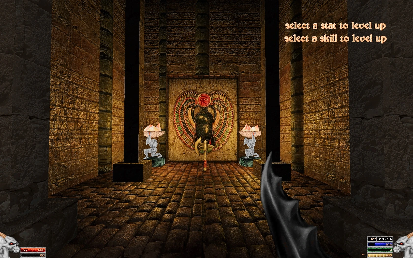 Player view of an ancient Egyptian inspired shrine with torches and Egyptian art in Doom II mod IronTusks Diablo3D
