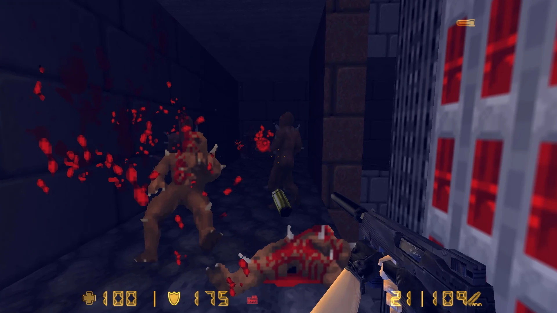 Spieler schießt mit einer Schrotflinte auf Zombies in einem dunklen Korridor im Lambda-Strike-Mod für Doom II: Hell on Earth
