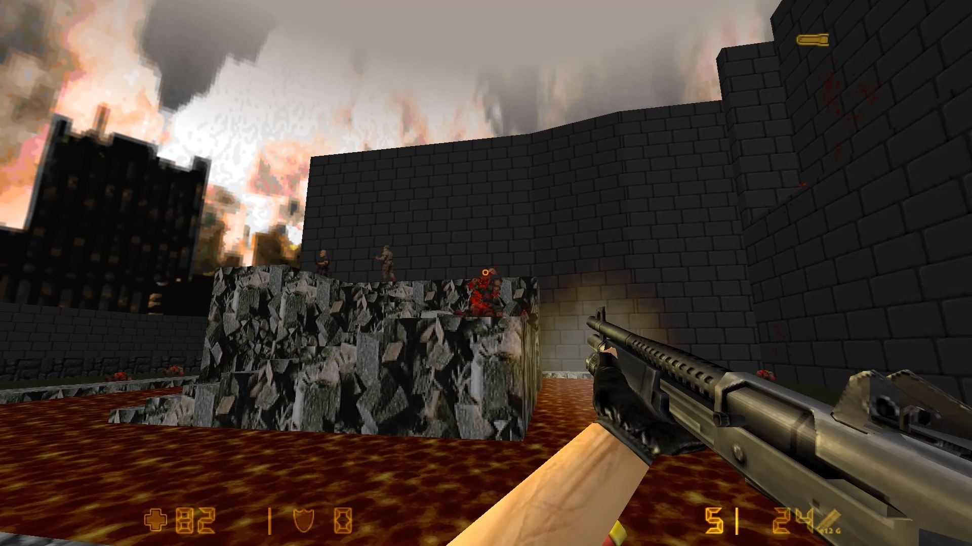 Гравець із дробовиком у моді Doom II Lambda-Strike біля кам'яної фортеці та лавового озера з ворогами на камінні
