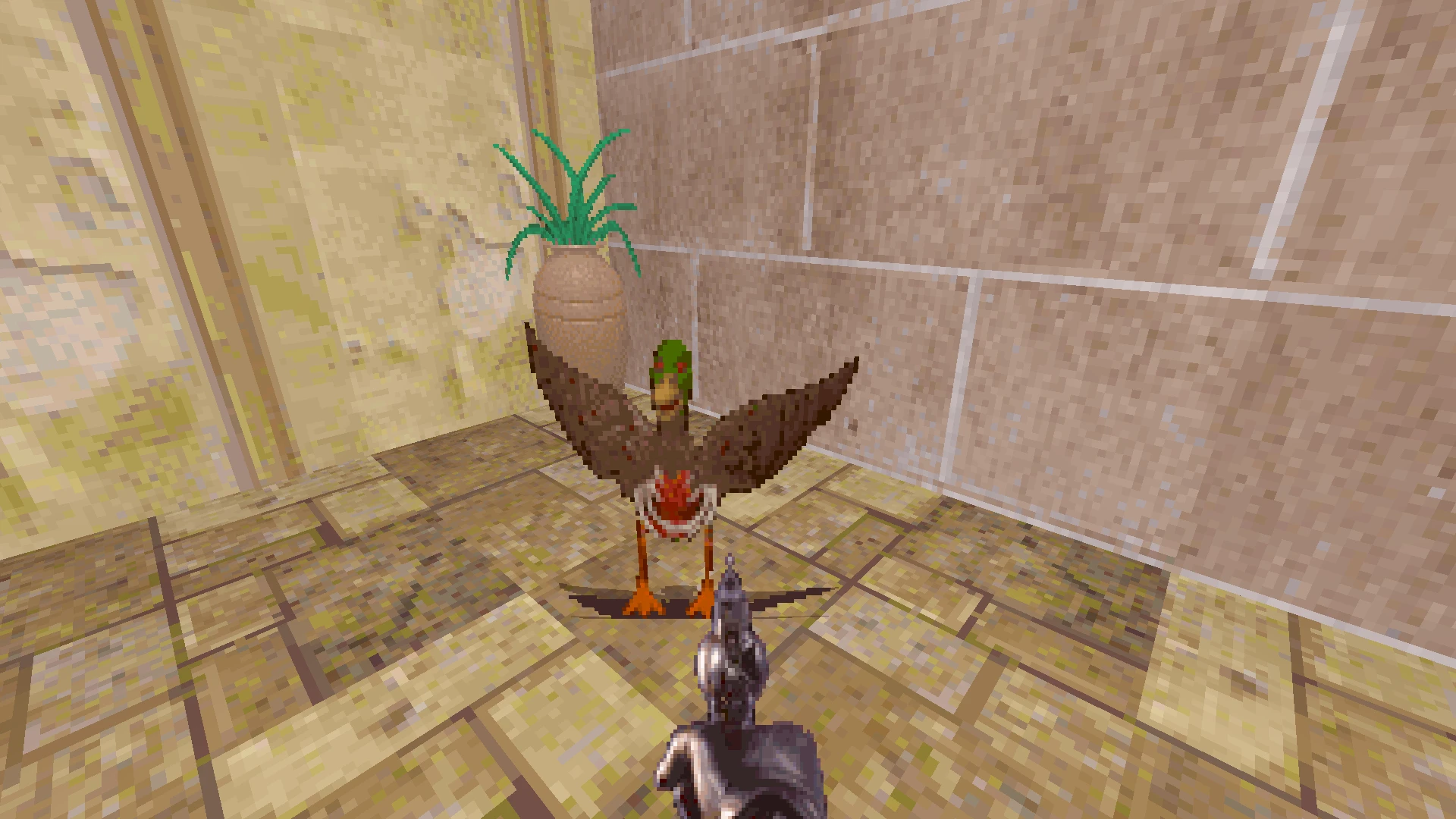 Пиксельный вид от первого лица игрока, целящегося в утку с зелёной головой в моде Mask of Sobek для Doom II