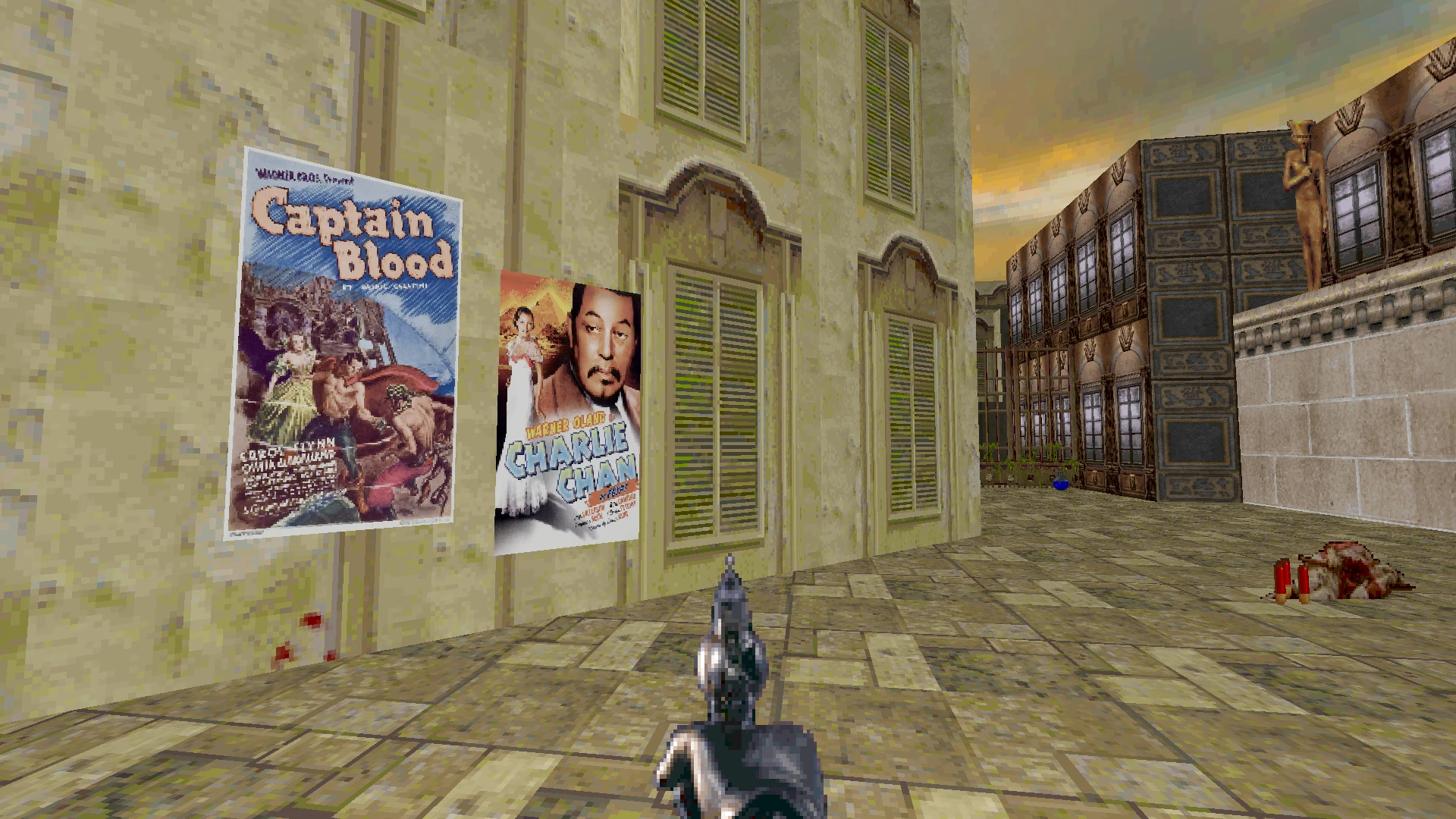 Вид из игры на египетский двор с деревянными ставнями, постерами на стене, оружие на переднем плане