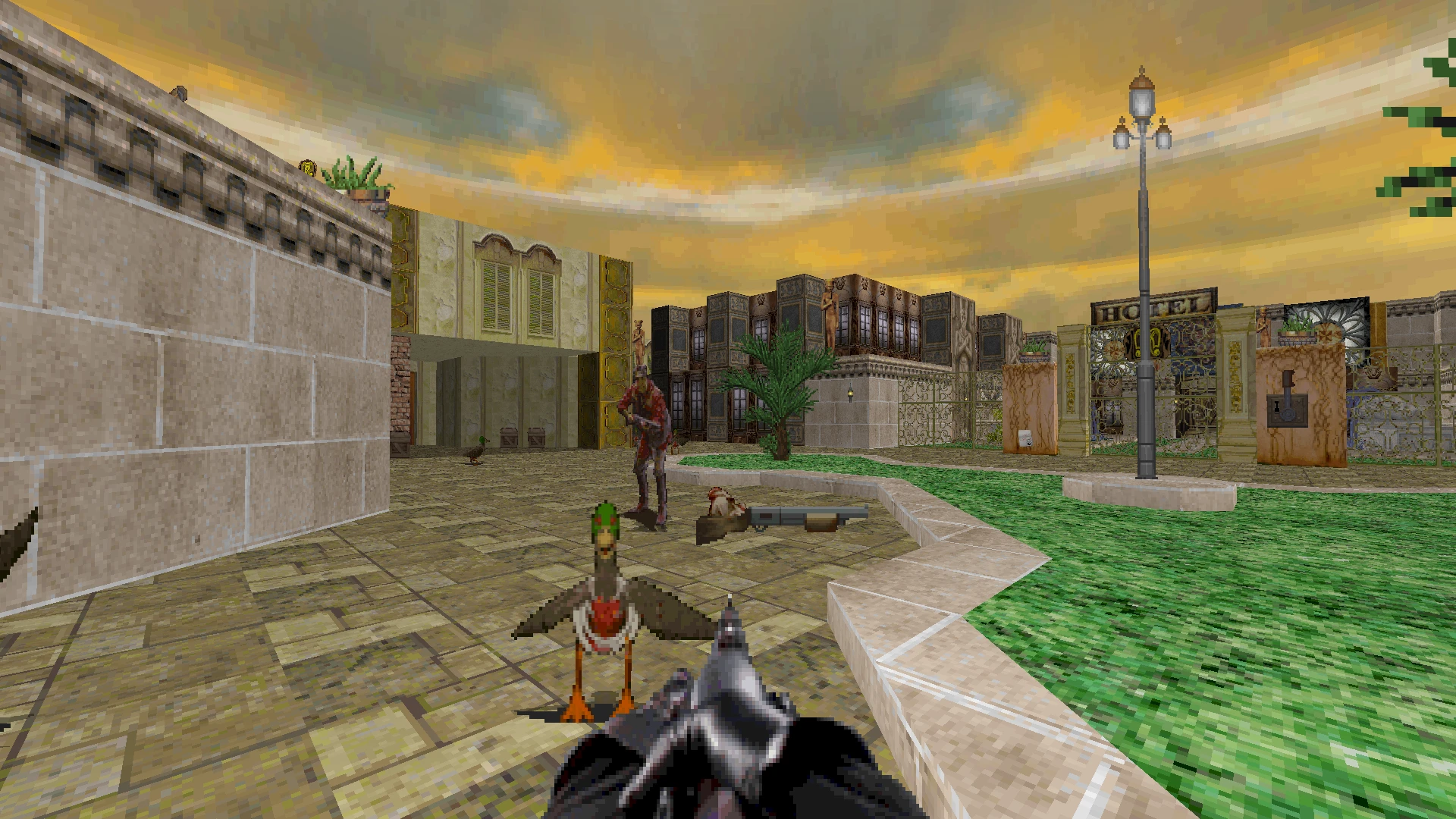 Вид от первого лица в бою мода Doom II Mask of Sobek с пистолетом, уткой и мутантом на городской карте с отелем