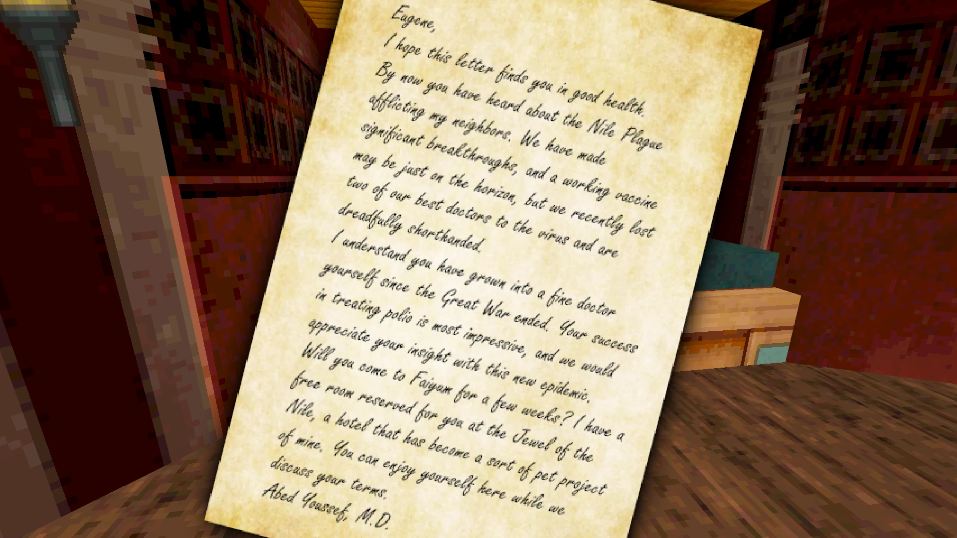 Скриншот письма от Абеда Юсефа о чуме и вакцине в моде Mask of Sobek