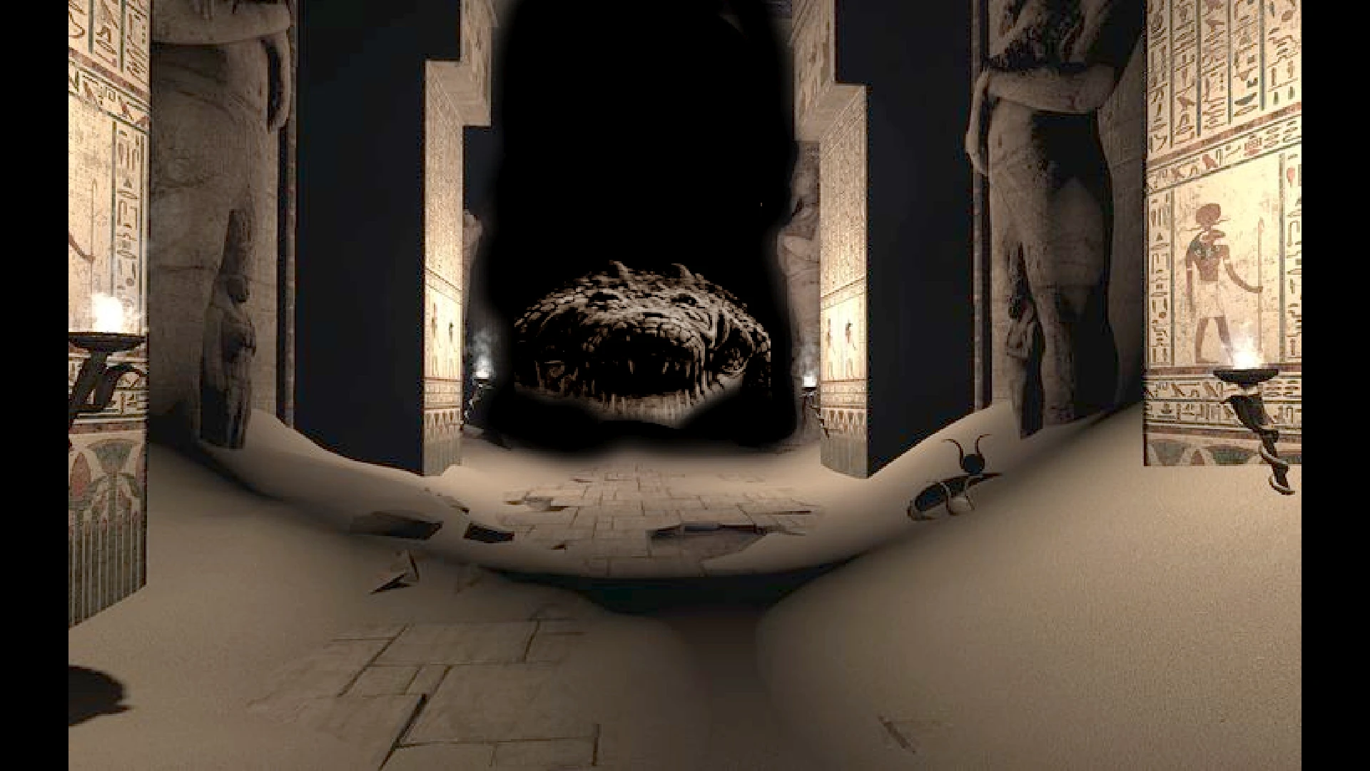 Песчаный коридор древнего храма с египетскими иероглифами, статуями и большим темным чудовищем в конце