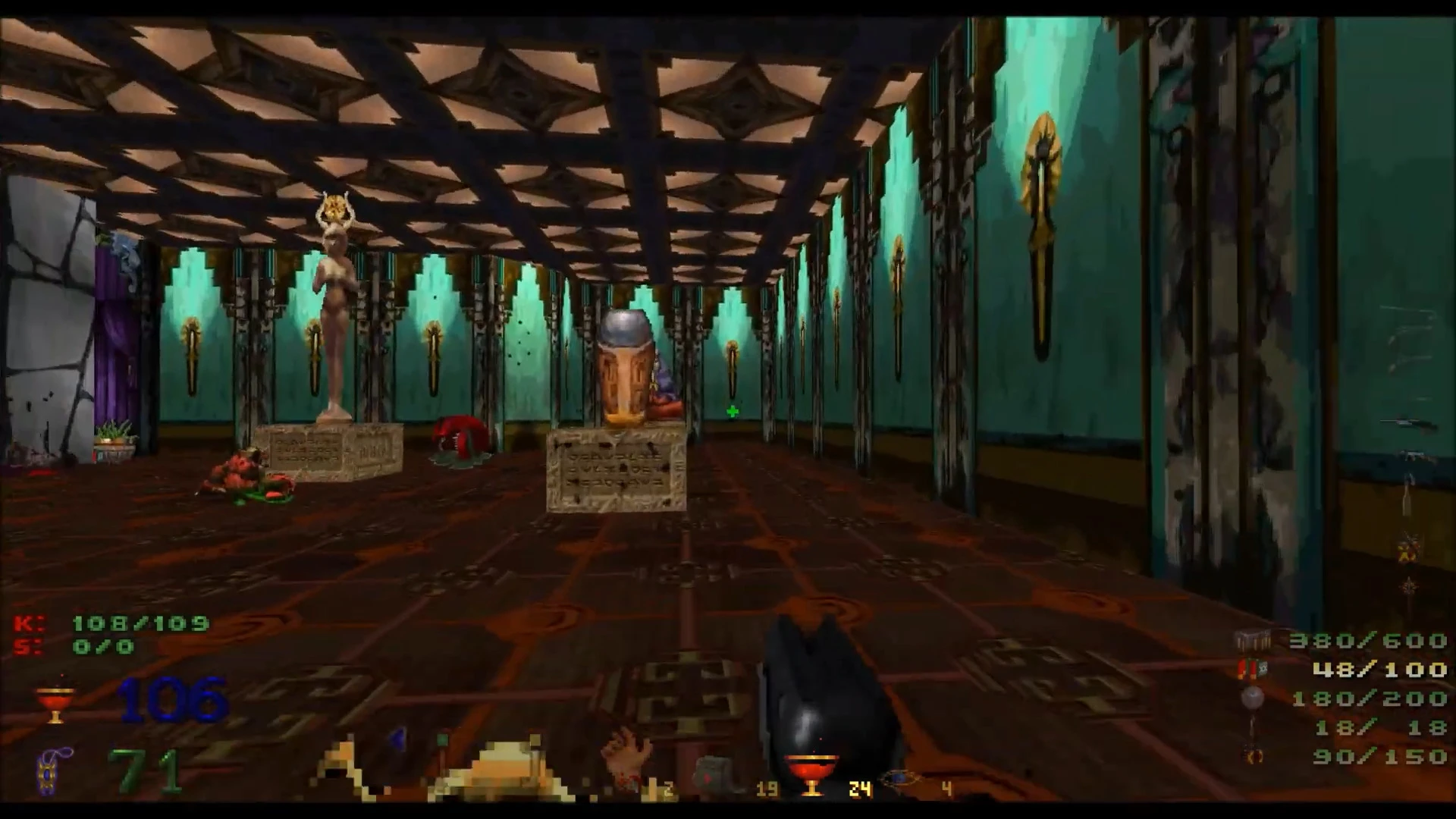 Скриншот игрового процесса Doom II с египетскими статуями и сине-зелеными стенами с факелами в моде Mask of Sobek