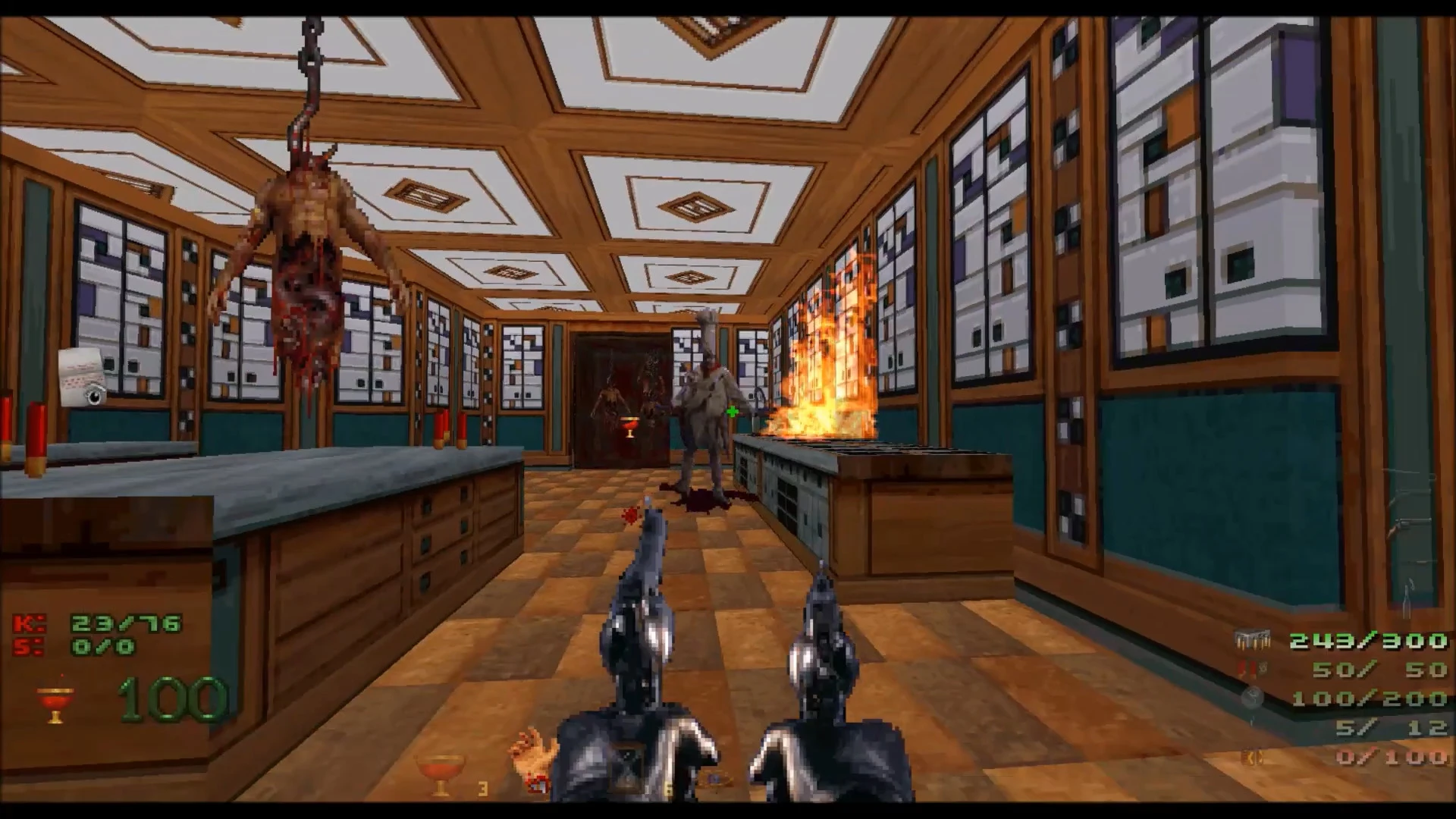 Игрок с двумя пистолетами стоит лицом к горящей плите и висящему трупу на кухне в моде Mask of Sobek для Doom II