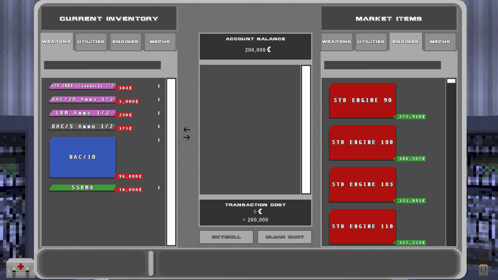 Screenshot of MechDoomer Rebooted mod showing current inventory and market items with account balance in Doom II