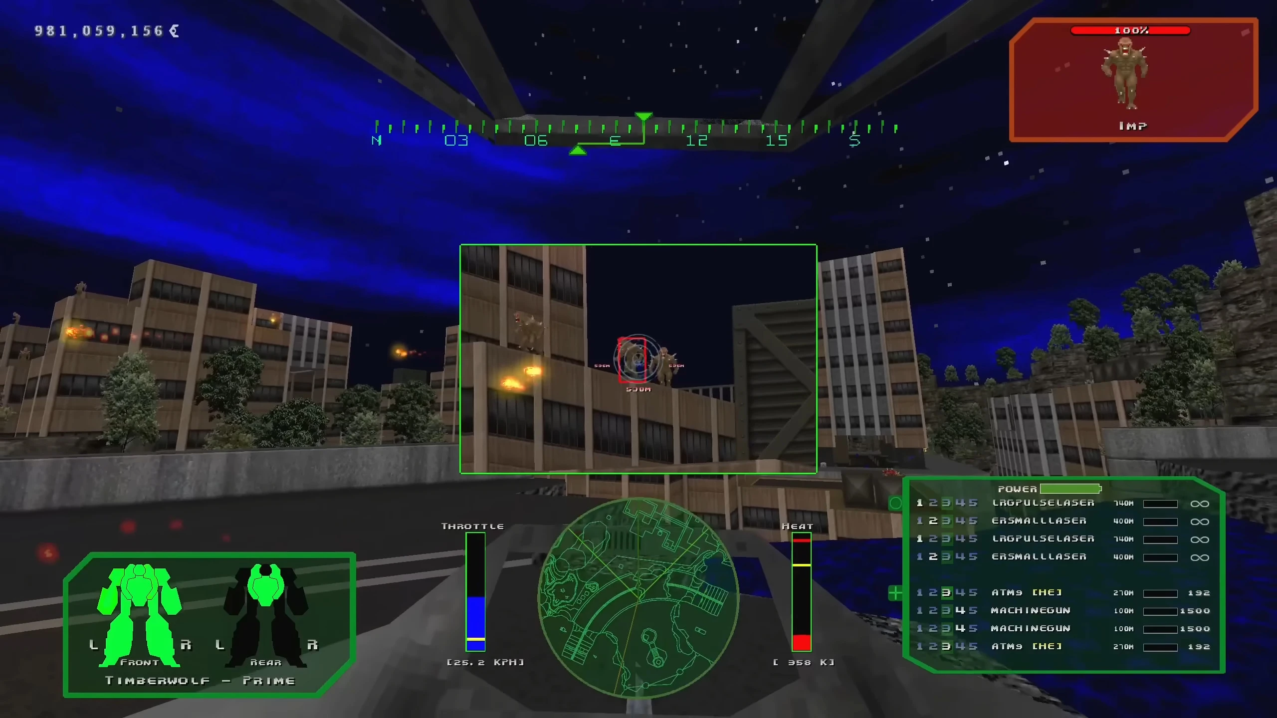 First-person view from Timberwolf mech targeting Imps on city rooftops in Doom II MechDoomer Rebooted mod