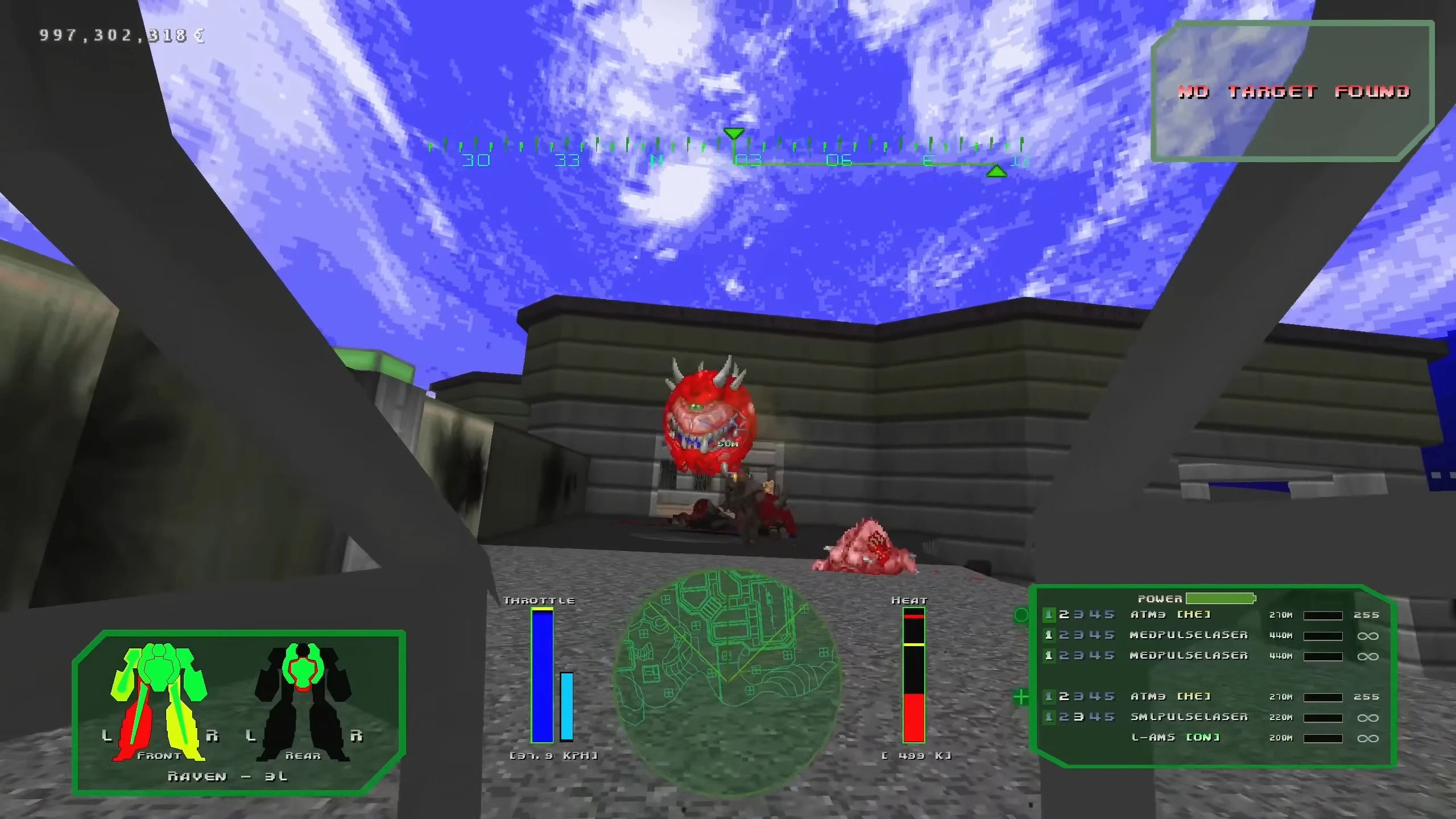 View from inside mech cockpit showing HUD with weapon info and a flying red Cacodemon enemy in front