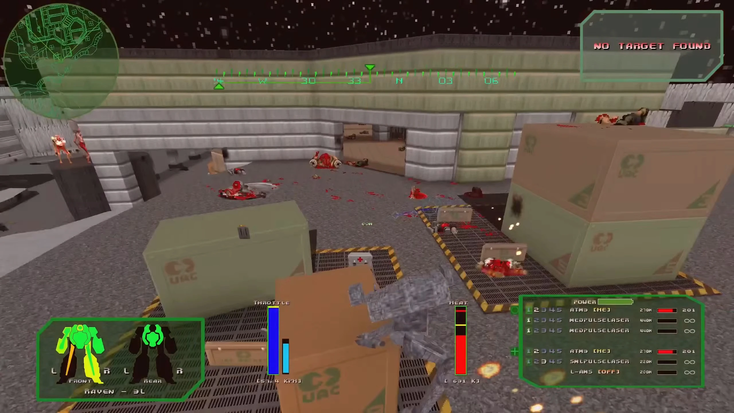 First-person view of mech fighting in urban environment with HUD showing radar and health in MechDoomer mod