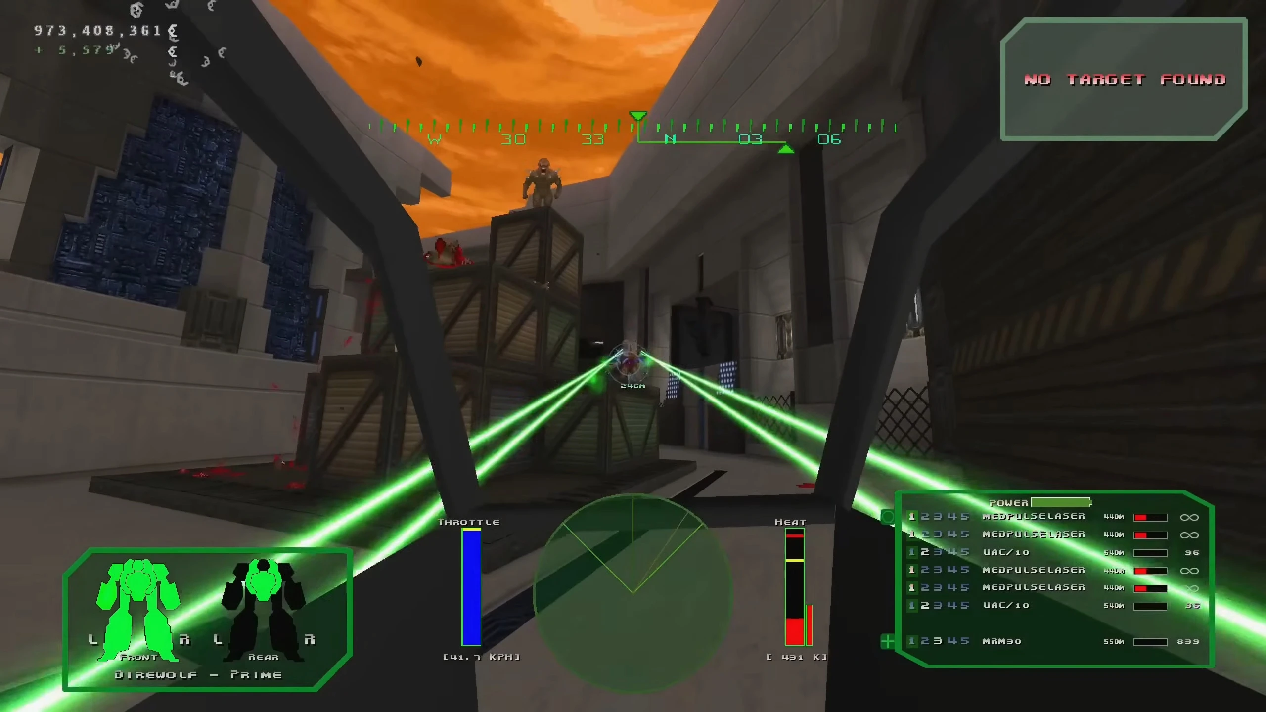 In-game view of Doom II with MechDoomer mod showing green laser weapons firing at enemy on crates
