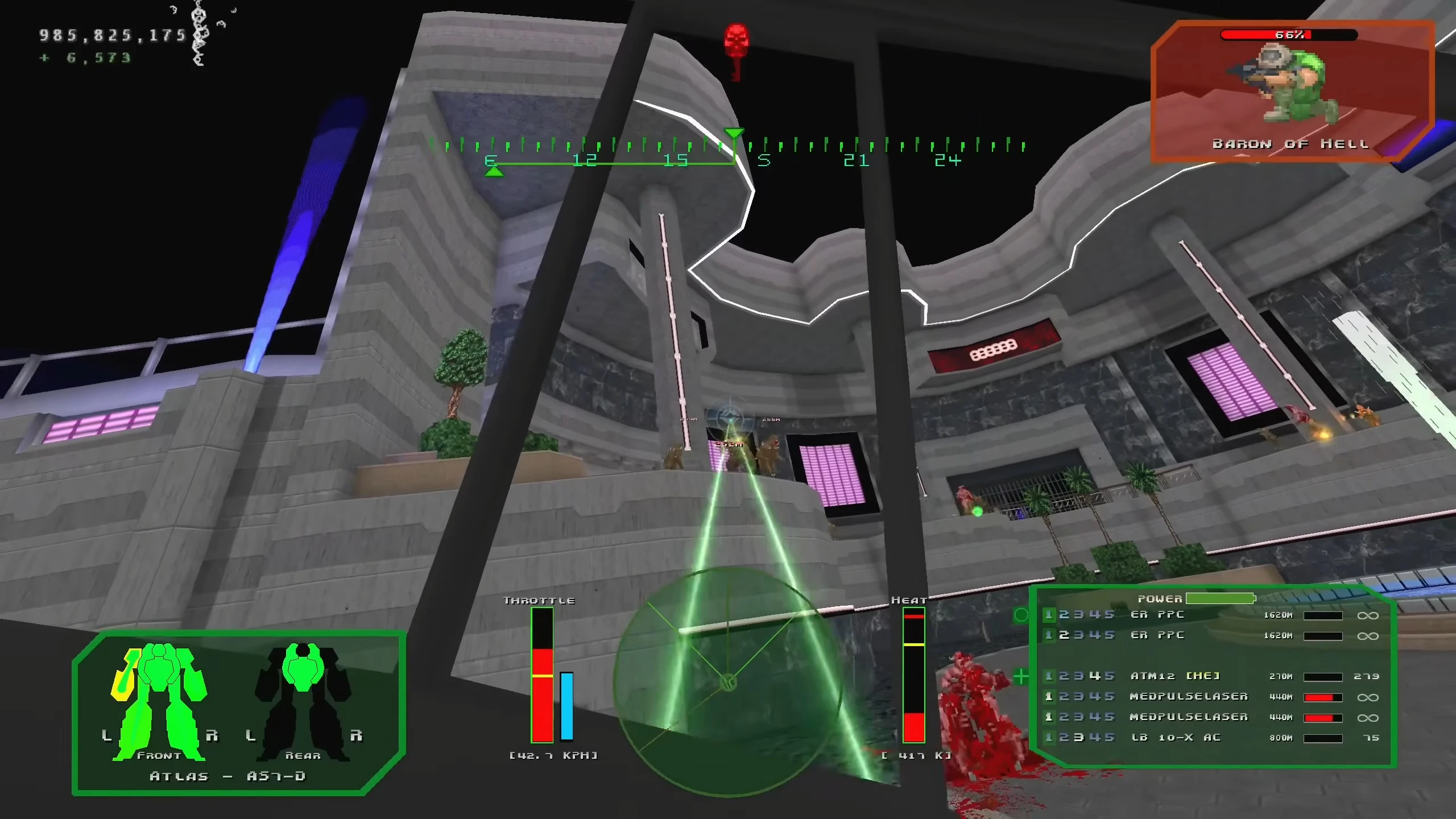 First-person view of mech combat in Doom II mod with targeting reticle and enemy status HUD
