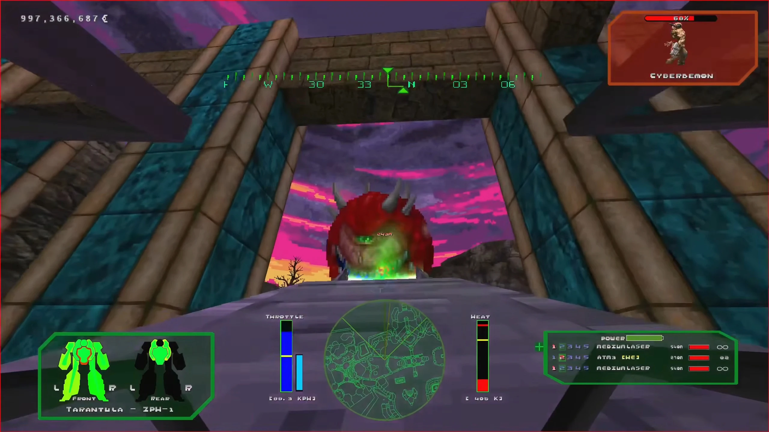 Player piloting a mech in Doom II mod MechDoomer facing a red Cacodemon with health bar