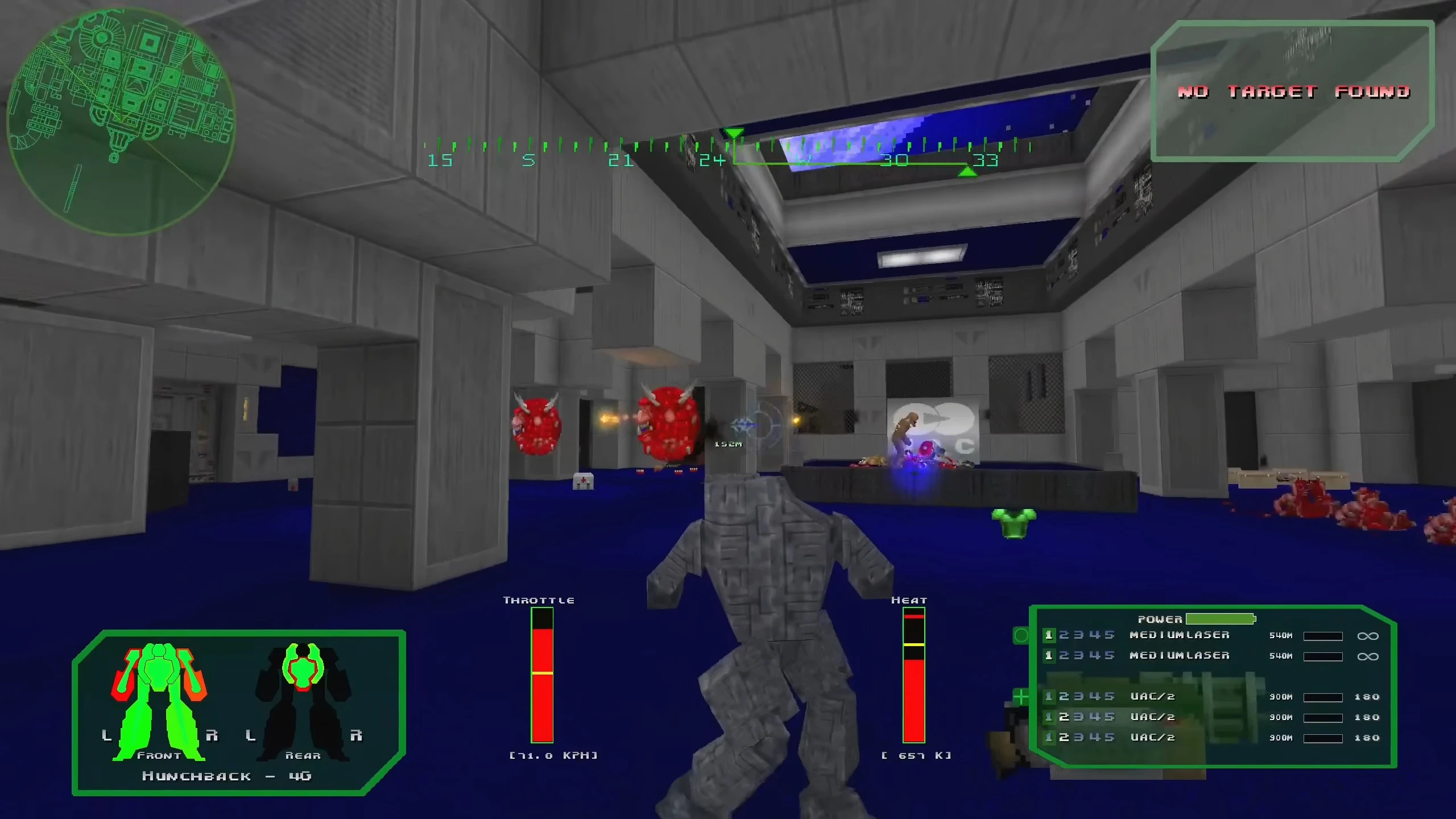 In-game screenshot showing player controlling a mech suit with HUD and enemies in the Doom II MechDoomer: Rebooted mod