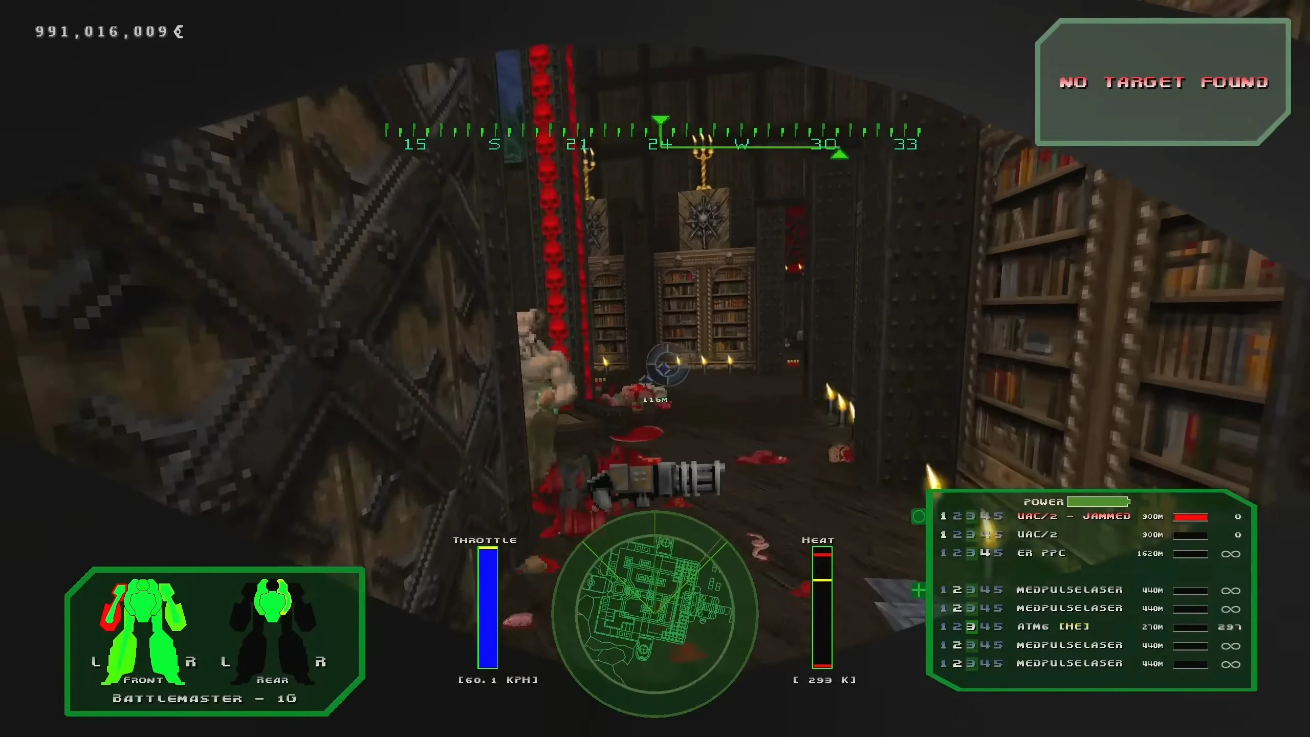 Player views dark medieval library through mech HUD with weapon stats and map in MechDoomer Rebooted mod for Doom II