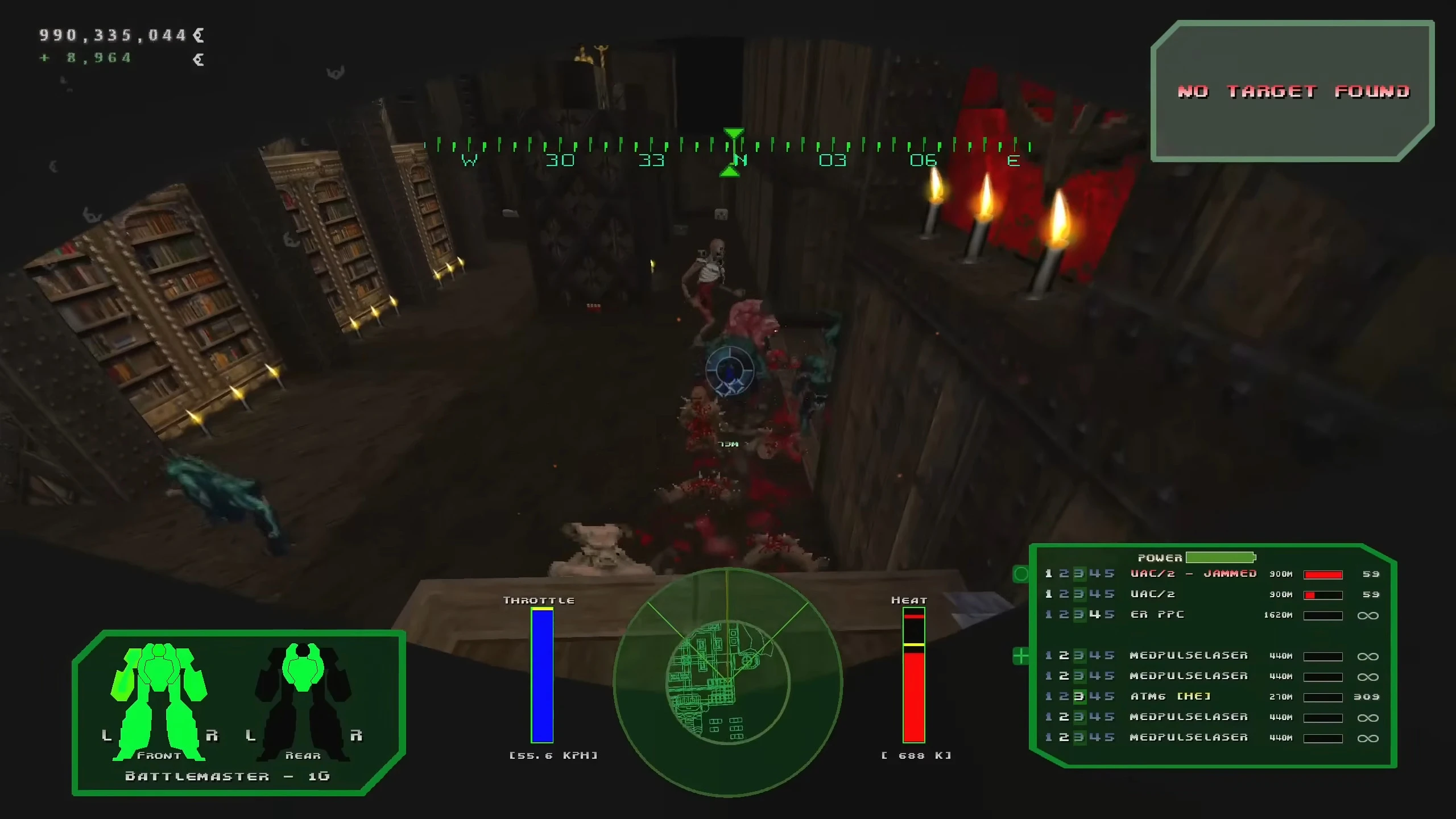 First-person mech cockpit view showing battle HUD, enemies, and weapon status in a library setting