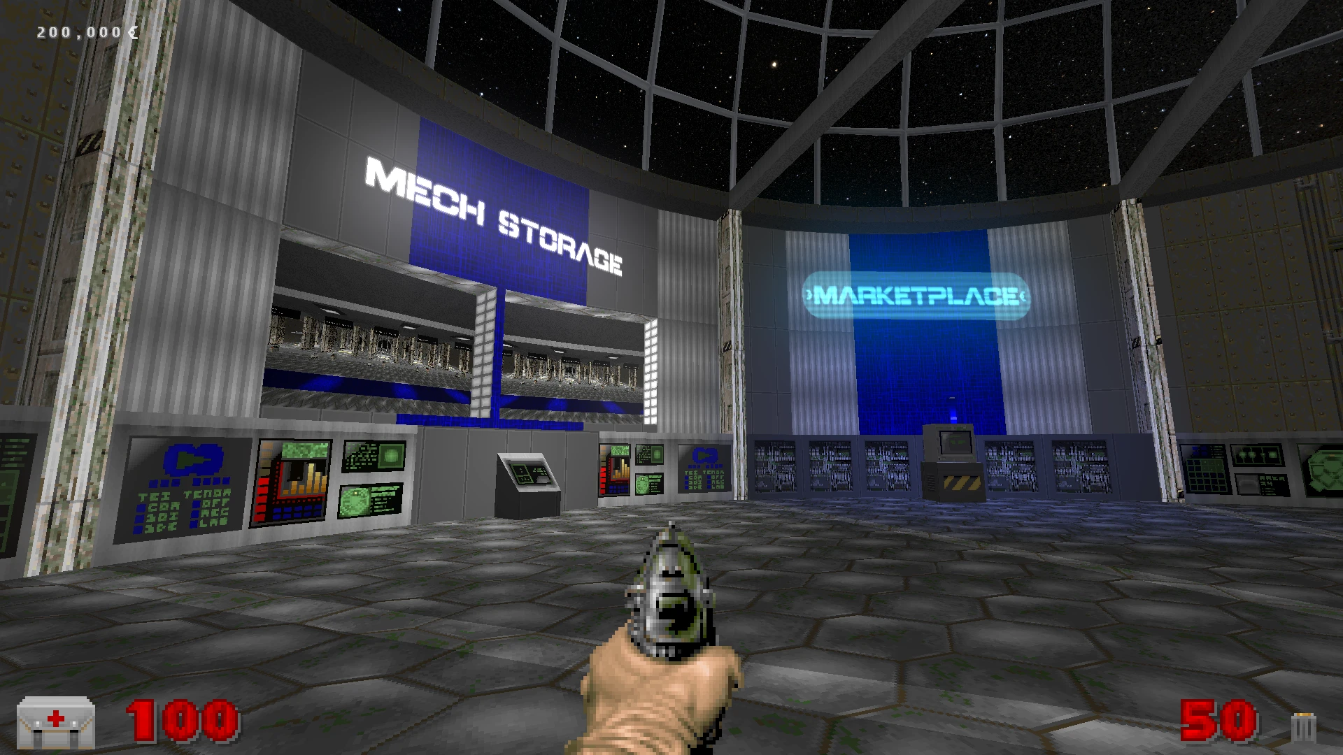 In-game view showing player holding pistol inside a dome-shaped room with Mech Storage and Marketplace signs
