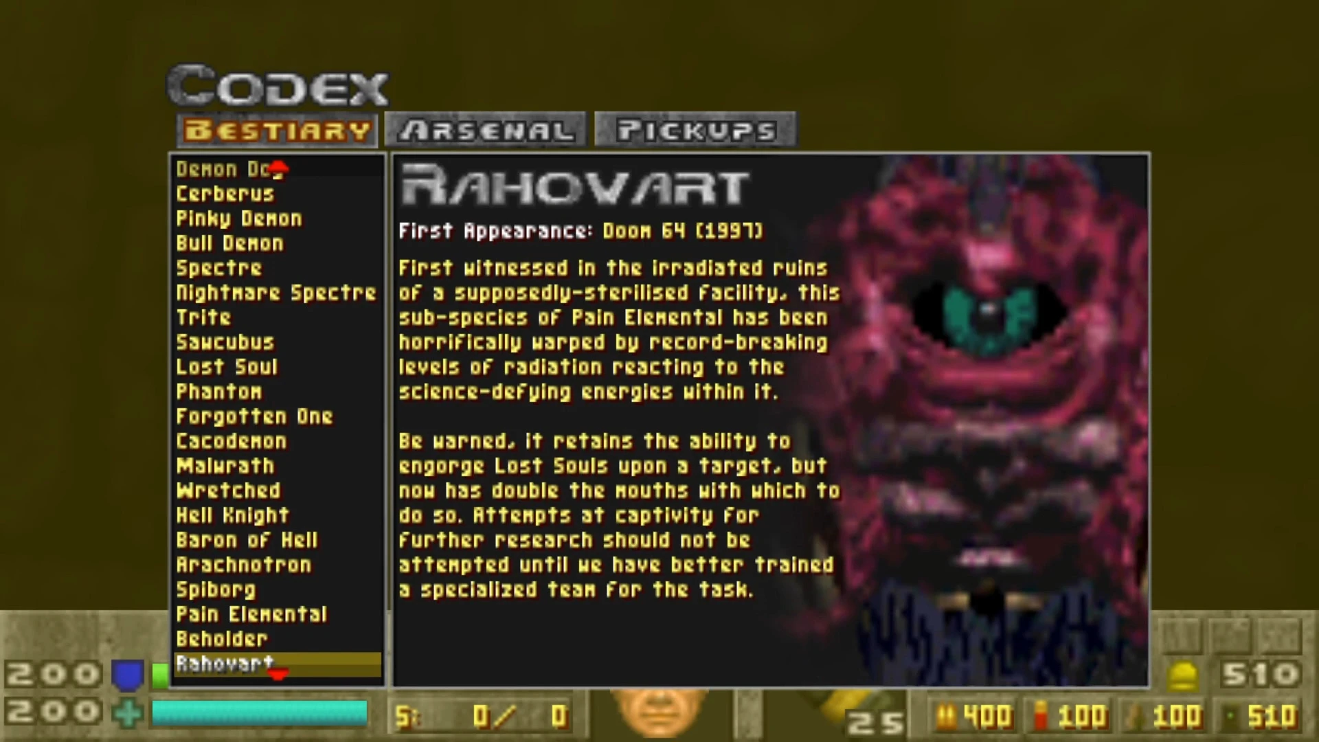 Pantalla del códice de criatura del mod MetaDoom de Doom II mostrando a Rahovart con lore y estadísticas detalladas