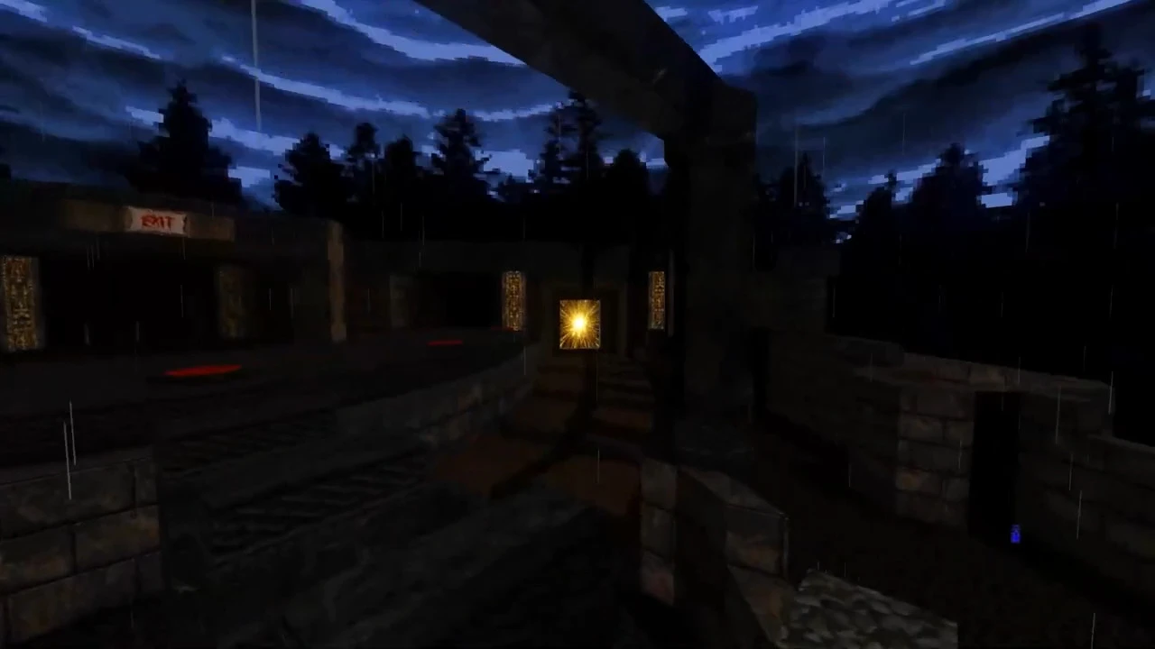 Área exterior oscura con lluvia cayendo bajo un cielo nocturno nublado y señal de salida iluminada en el mod MetaDoom