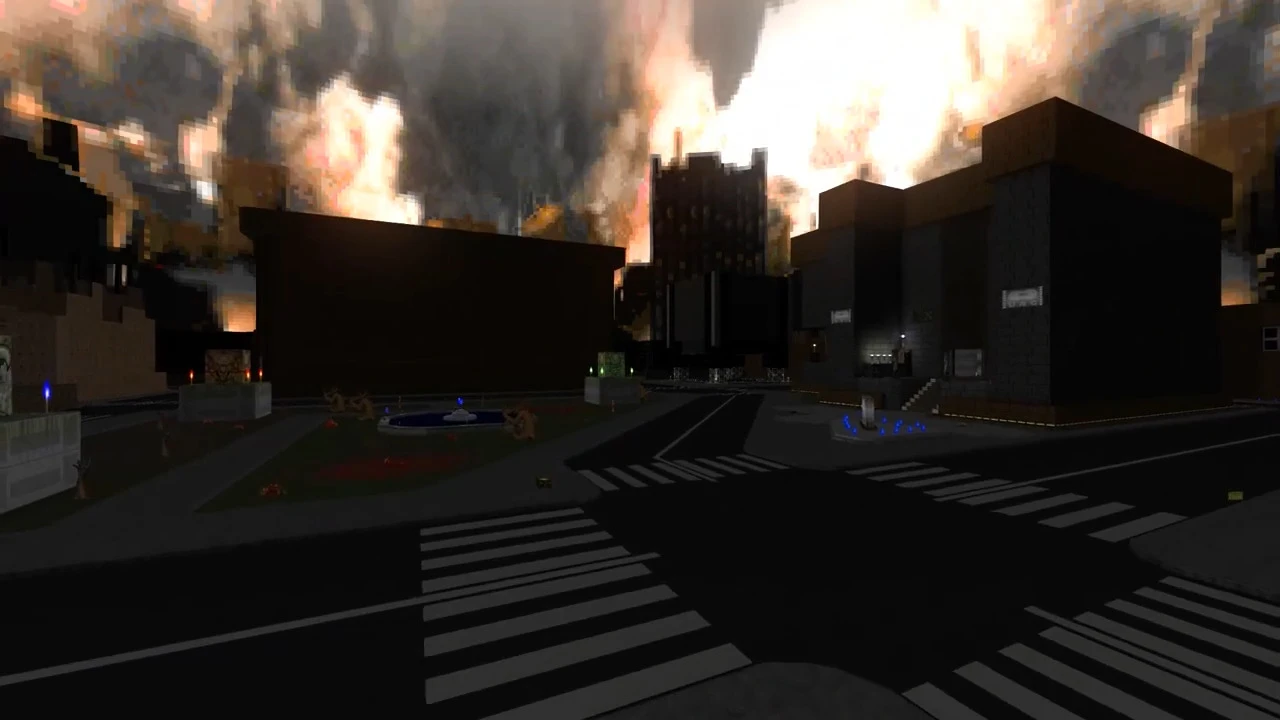 Oscura intersección urbana con cielo en llamas y escombros dispersos en el mod MetaDoom de Doom II