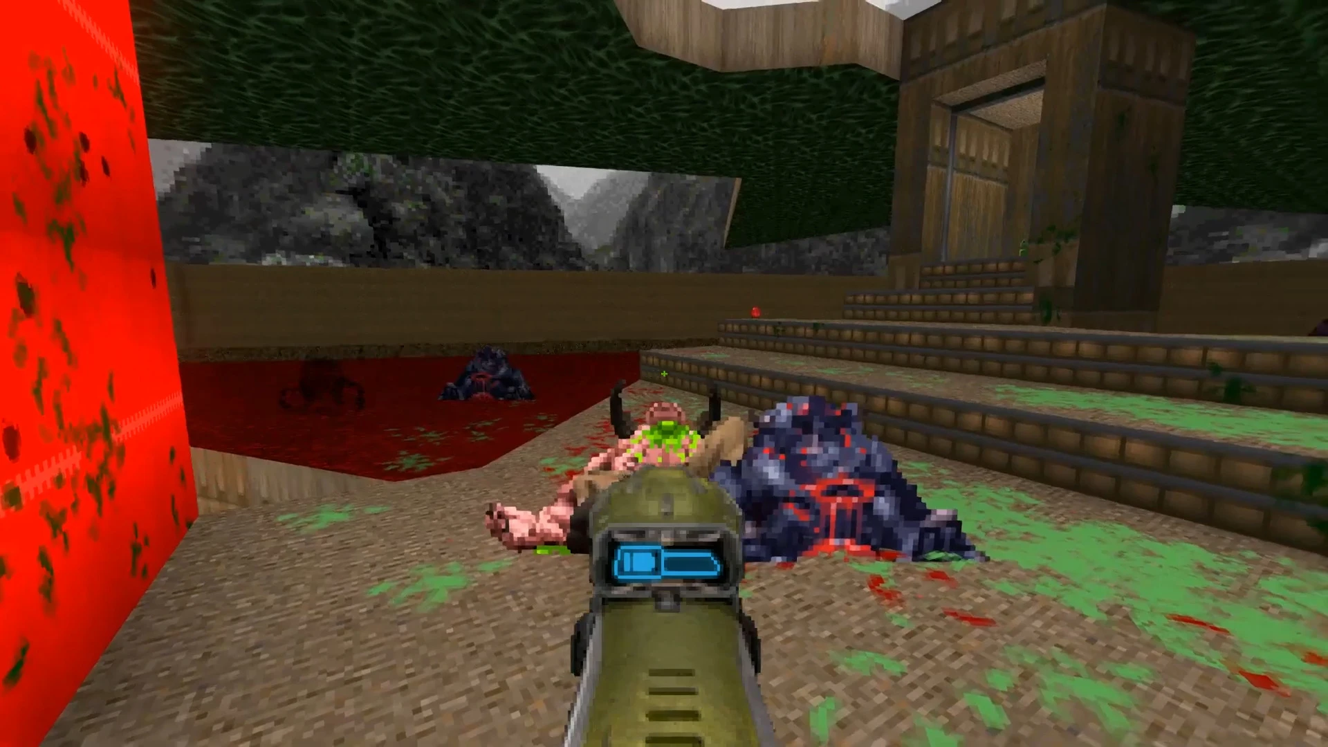 Jugabilidad de Doom II con mod MetaDoom con un arma apuntando a enemigos caídos cerca de una estructura de madera y un charco rojo