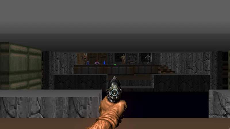 Vista en primera persona apuntando con pistola en pasillo oscuro de piedra en mod MetaDoom de Doom II
