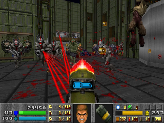 Jugador disparando con rayos láser rojos a varios enemigos robóticos en una sala metálica en el mod MetaDoom de Doom II