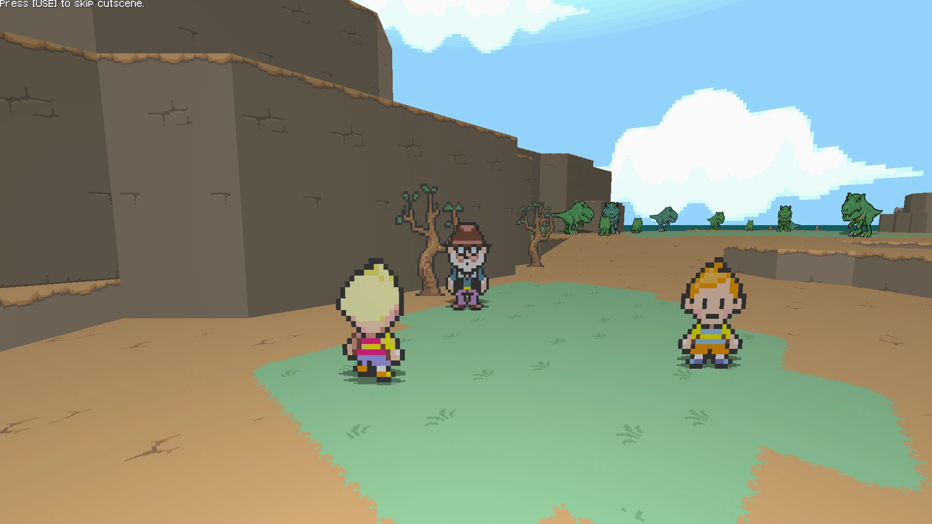Two pixelated EarthBound-style characters and a cowboy standing on grassy terrain with pixel dinosaurs in the distance