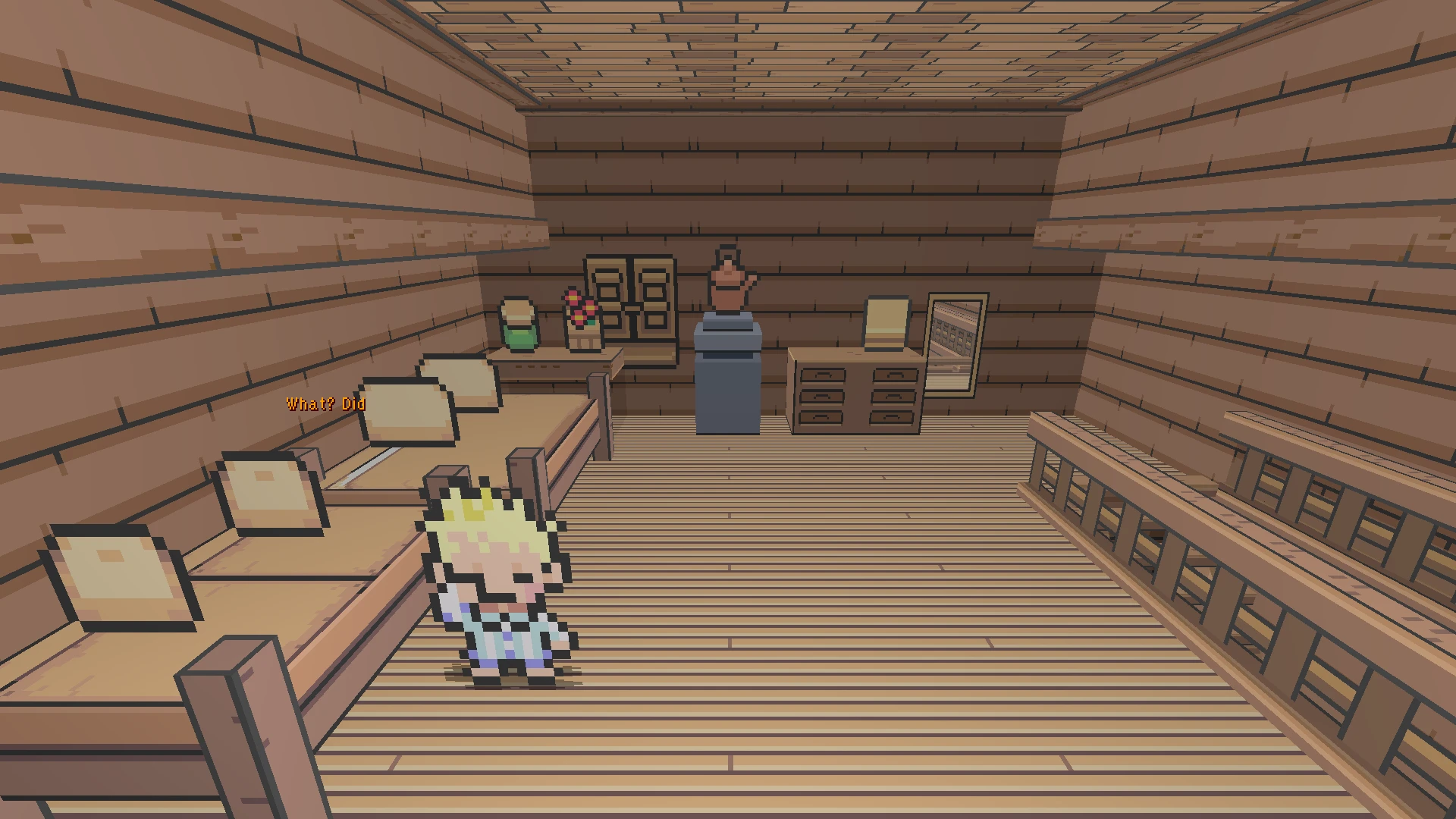 In-game screenshot showing pixel art character in a wooden cabin room with beds and furniture in Motherload mod
