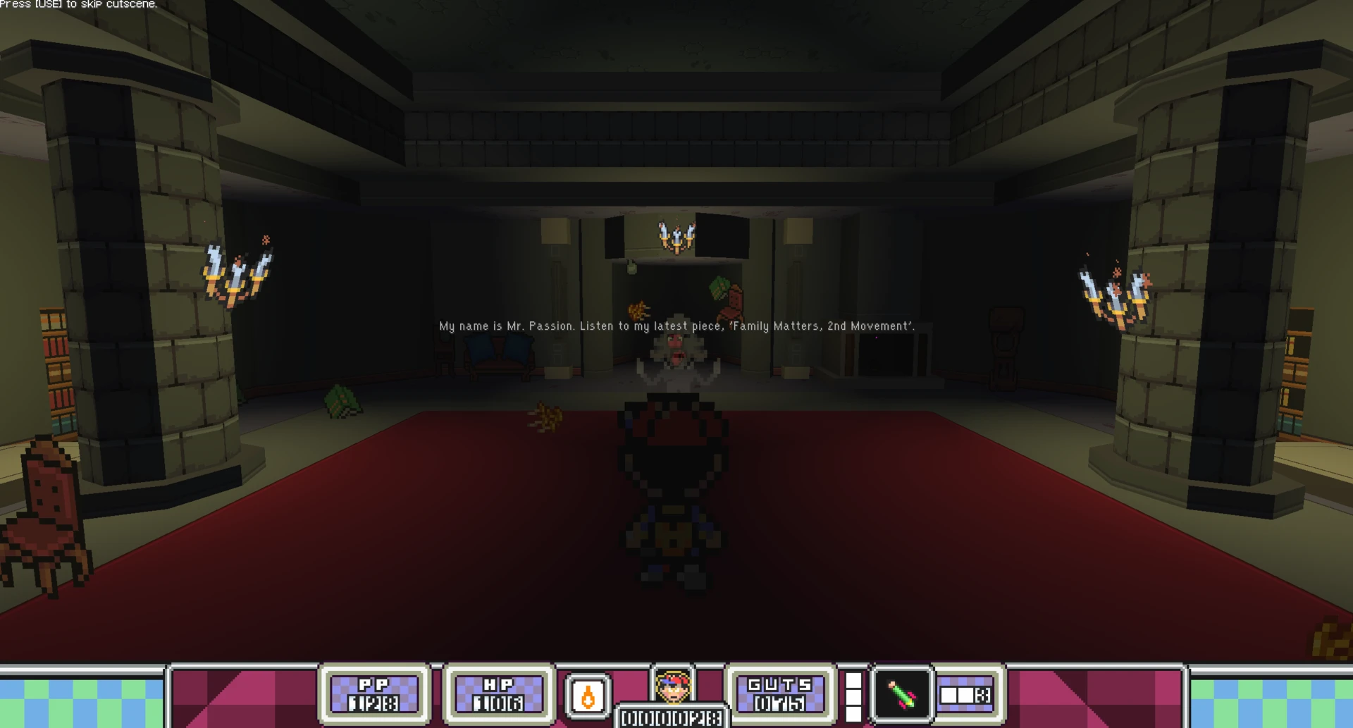Player character faces Mr. Passion delivering a message in a dark room with stone pillars and red carpet in MOTHERLOAD mod