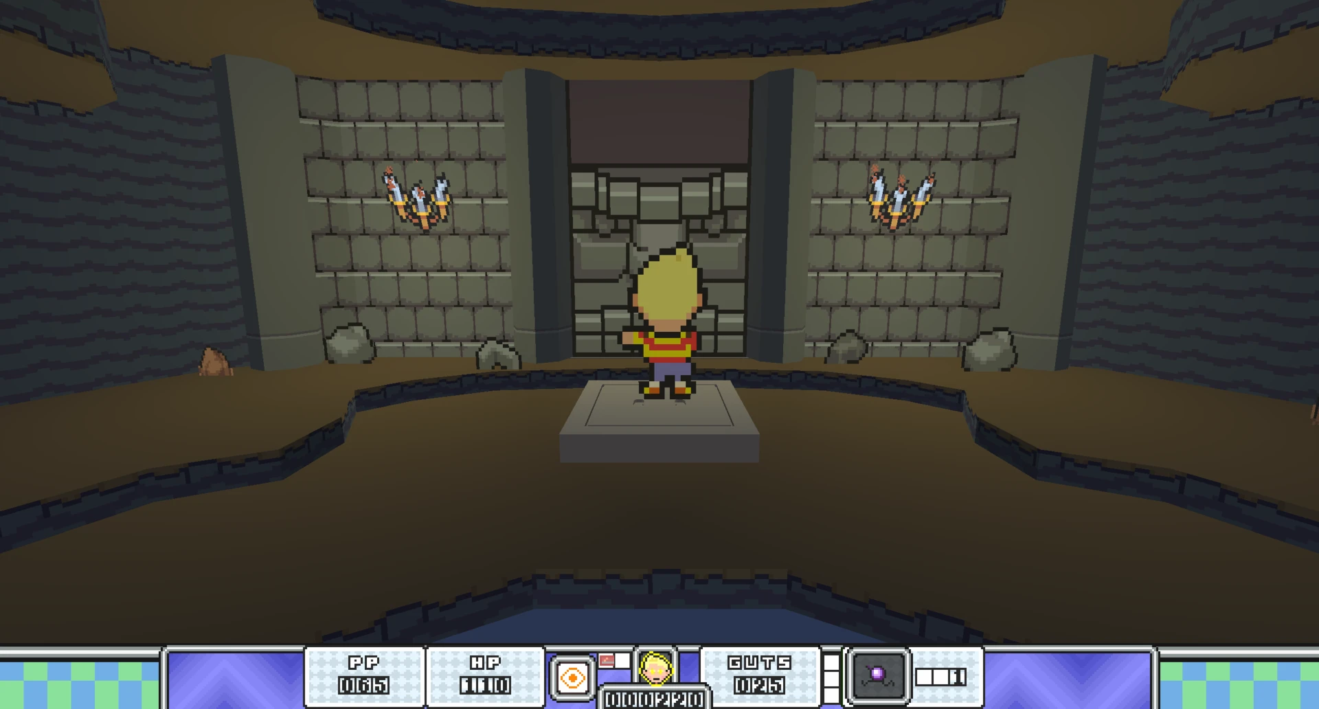 Retro pixel art character standing on a platform facing a stone wall with torches in a 3D Doom II mod environment