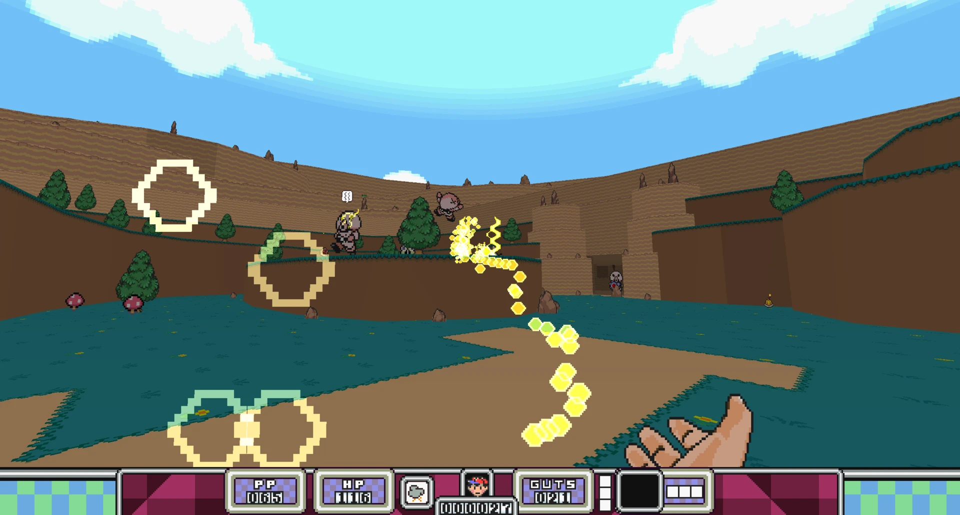 First-person view of pixel art combat with magical effects in Doom II MOTHERLOAD mod