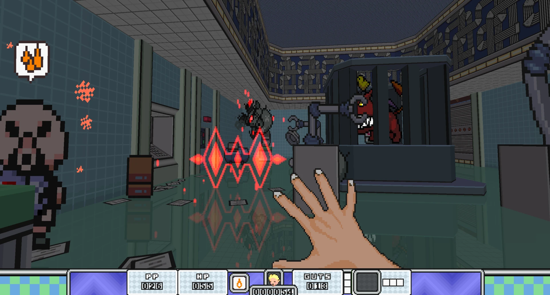 First-person view in MOTHERLOAD mod showing pixelated hand casting a magic attack on a red demon behind bars