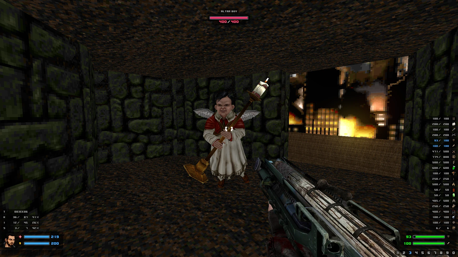 First-person view of player aiming gun at angry Altar Boy holding a staff in a stone room with game HUD
