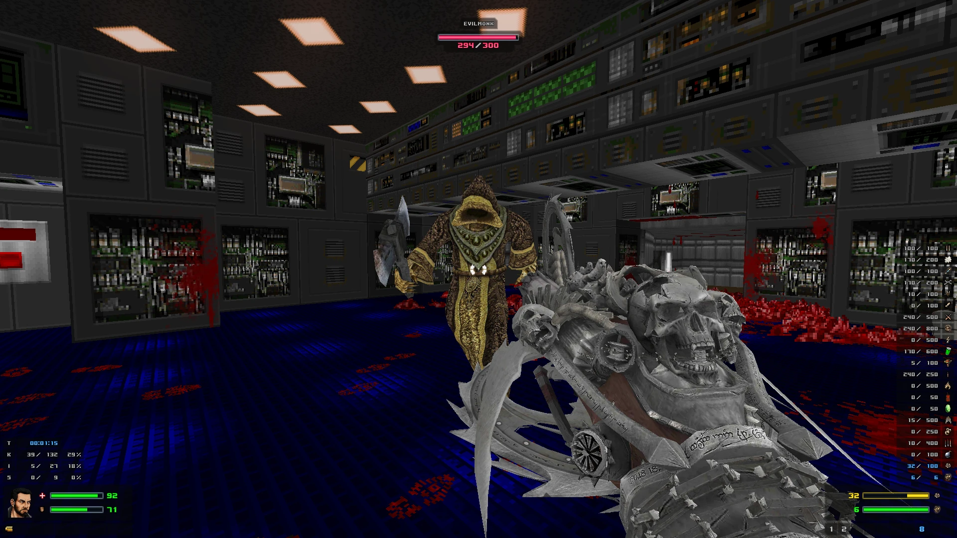 Player facing off against an Evil Monk enemy with a skull-themed weapon in a tech room in Doom II mod Painkiller Mutilator