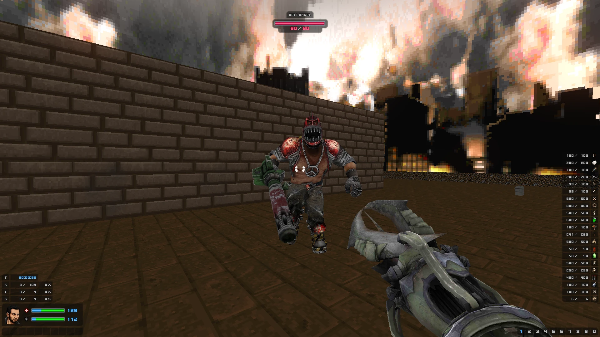 Screenshot of first-person view battling Hellangel enemy with flamethrower in Doom II Painkiller Mutilator mod