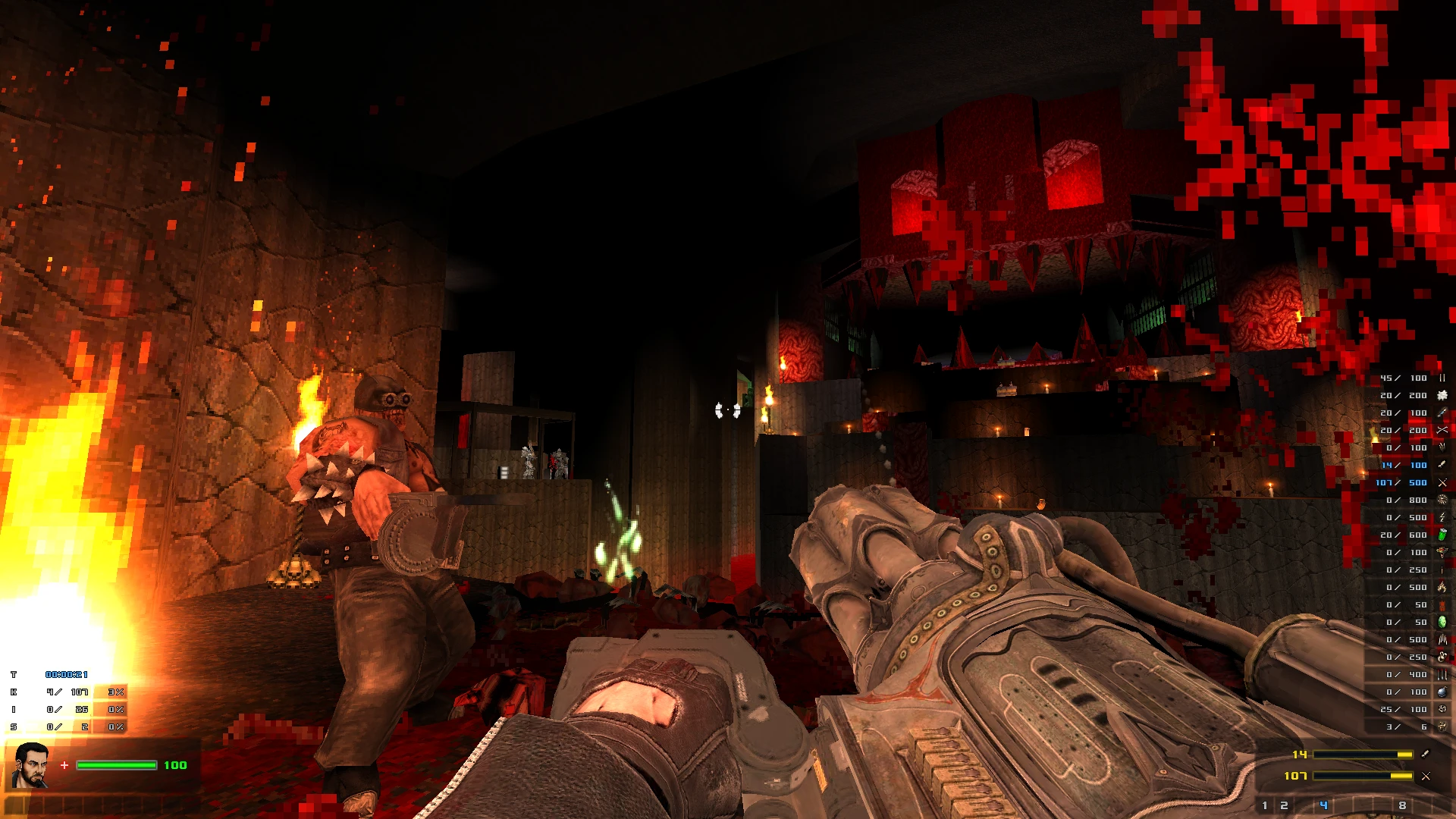 Player in first-person view shooting a large enemy with a heavy weapon in a dark, fiery Doom II mod environment