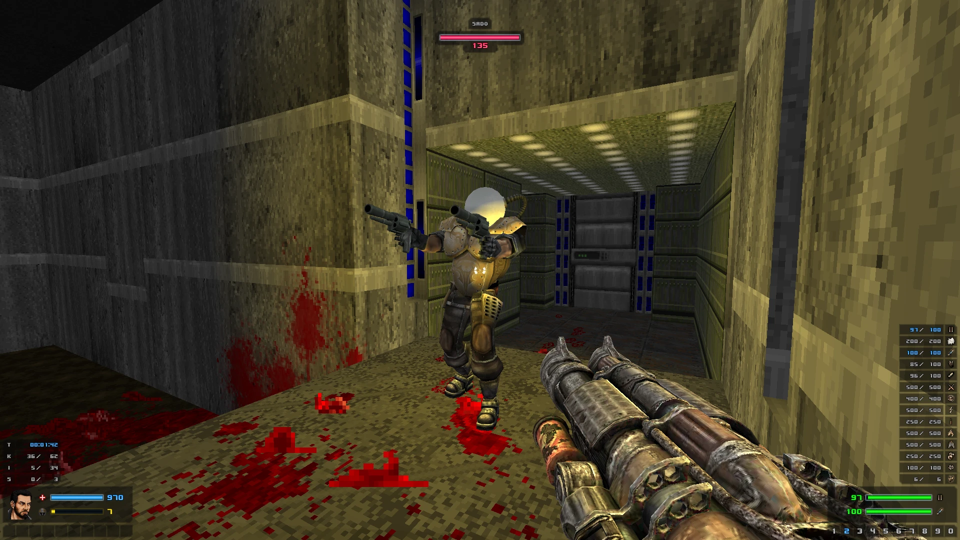 Player facing an armored enemy wielding dual pistols in a blood-spattered industrial hallway in Doom II Painkiller Mutilator mod