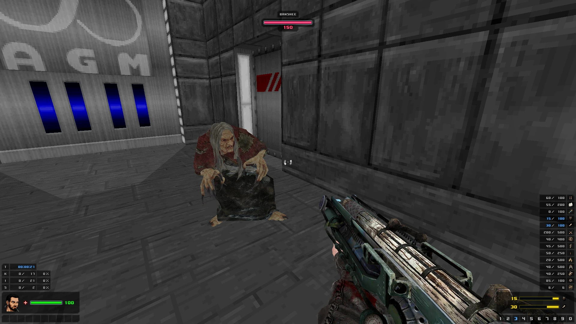 First-person view holding a futuristic shotgun aiming at a crouching banshee in a grey industrial room