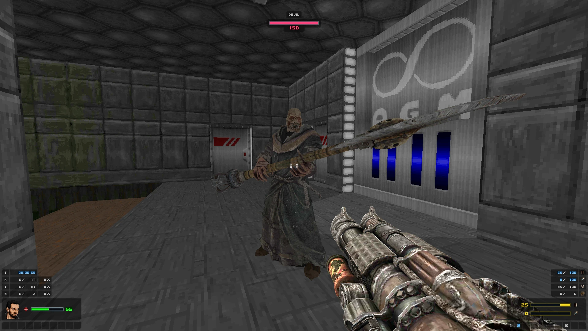 First-person view in Doom II mod Painkiller Mutilator showing a player aiming a weapon at a skeletal Devil enemy in a dark industrial corridor