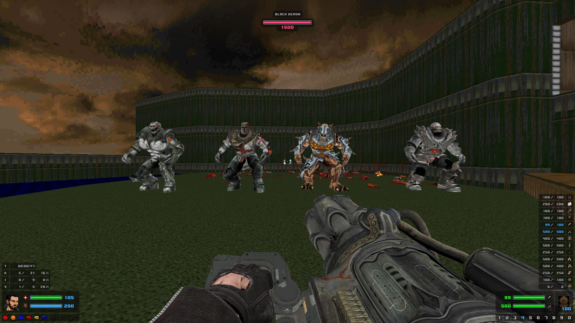 First-person view fighting the Black Demon and other armored monsters in Doom II Painkiller Mutilator mod