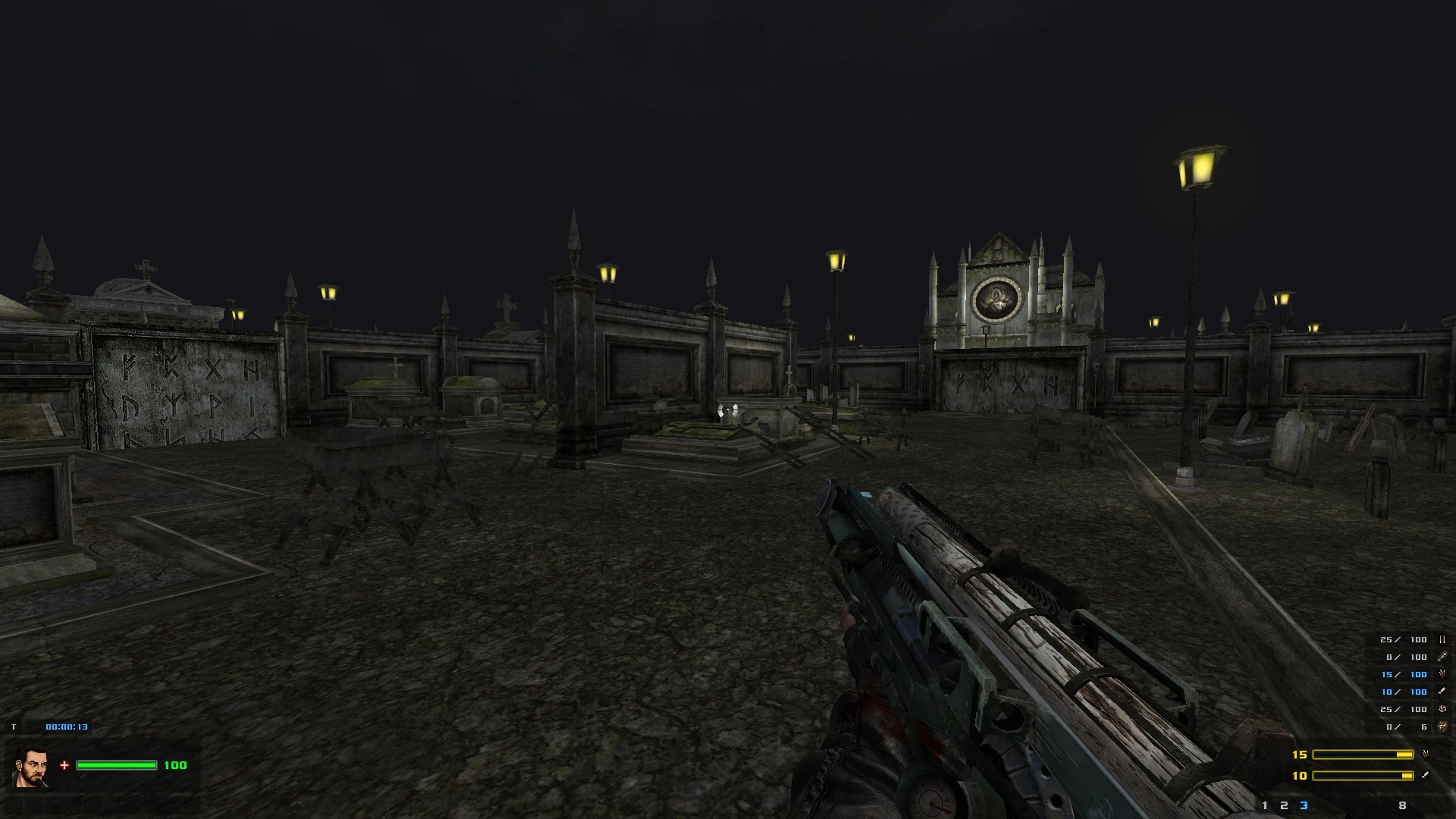 Player view holding a futuristic weapon in a dark cemetery with tombstones and glowing lampposts