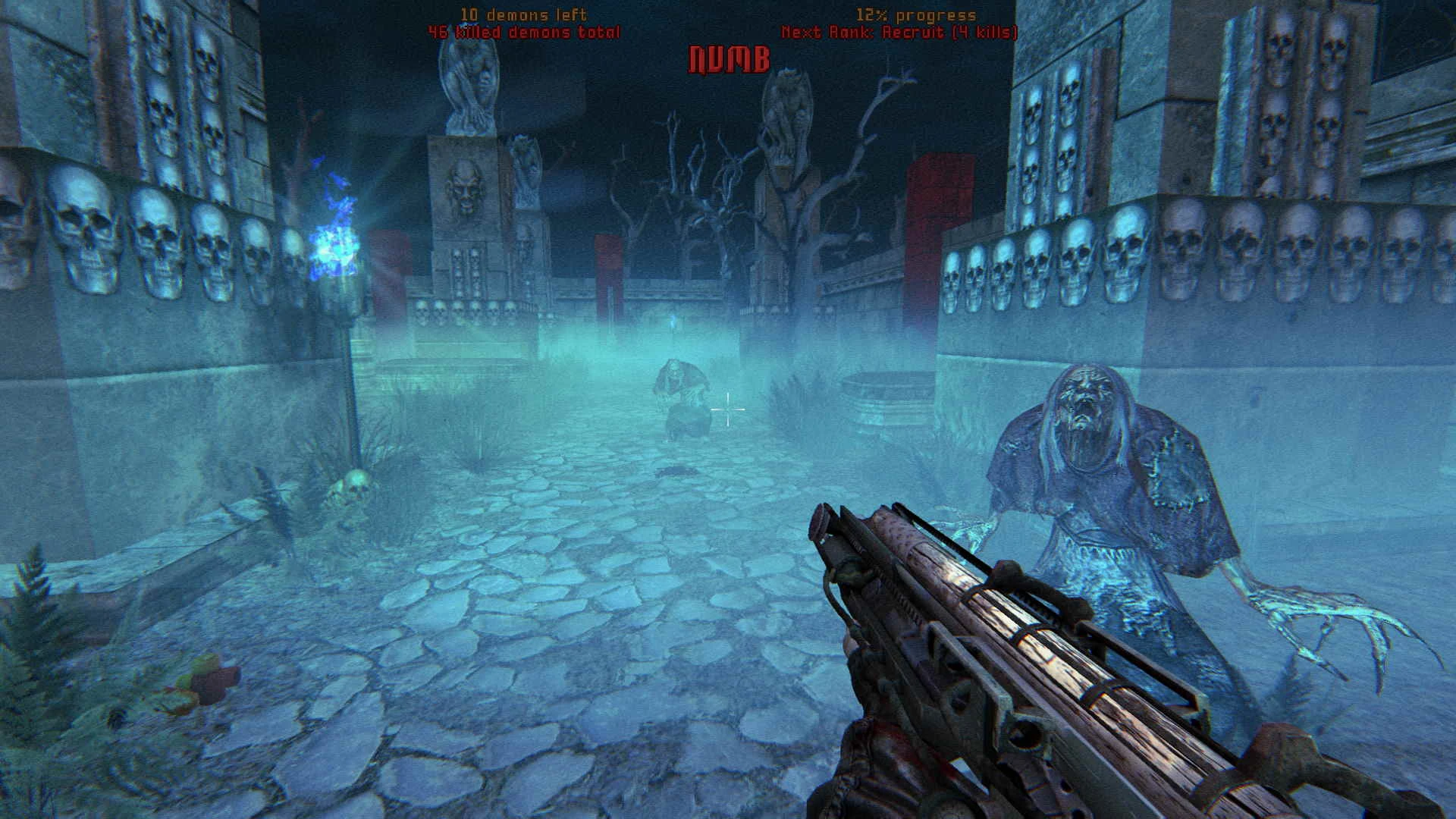 Player aiming a futuristic gun at twisted undead enemies in foggy, skull-lined Doom II mod Painkiller Mutilator environment